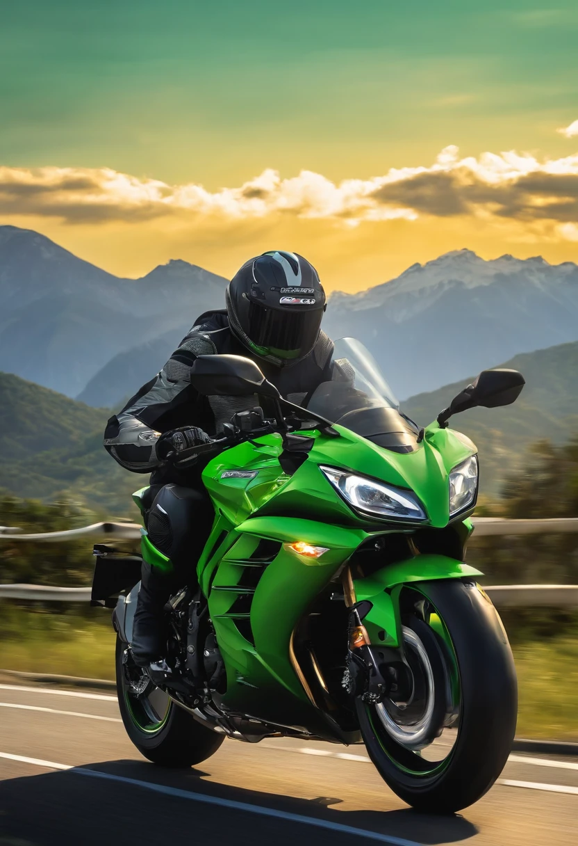 Kawasaki ZX-4RR，motorcycle，cartoony，Sunnyday，Speeding，Lateral face，Mountains in the background，delicated，the detail