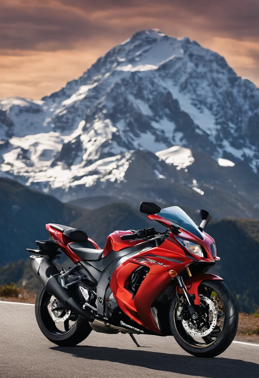 Kawasaki ZX-4RR,motorcycle,cartoony,Sunnyday,Speeding,Lateral face,Mountains in the background,delicated,the detail