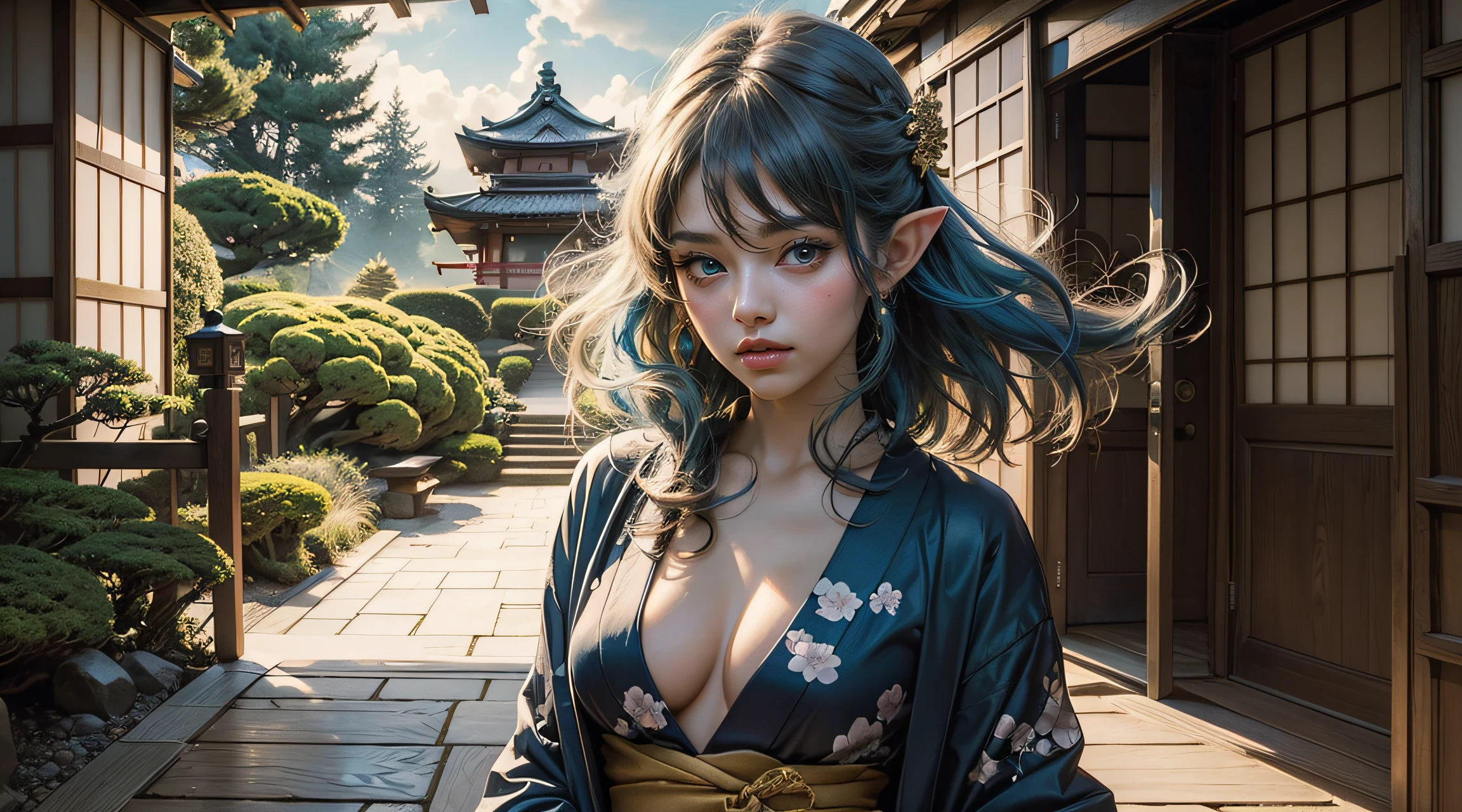 extremely detailed illustration of gorgeous woman wearing kimono japanese traditional clothing, stylish, backlit, highly illuminated, colorful crystal, (amazing long blue hair blowing in wind),  electric eyes, closeup, (visually rich), raytraced, manga, whimsical, JRPG, enchanting, emotionally evocative, detailed environment, fantastical, imaginative, visually rich, atmospheric, zoomed, flat lighting, 2d, cartoon, vector, rocks, art by MSchiffer, gold glow, (((cleavage))), (bare breasts),(tall), full body, seductive posing, night, stormy weather, magical, small elf ears, royalty, ((beautiful detailed face)),(small boobs}, beautiful abs, tan skin, , (inside Traditional japanese garden)