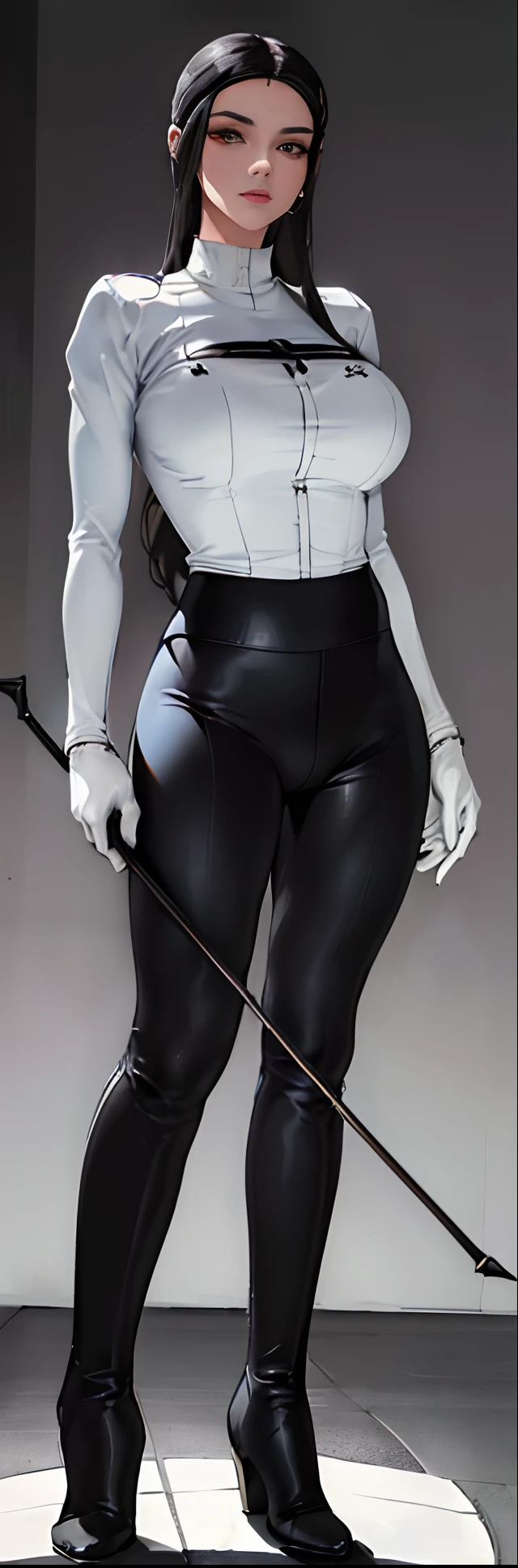 ((full body portrait of beautiful girl)), 1girl, solo, elf ((milf)), (very long) silver hair, tied in a knot, ((tight long sleeve shirt)), (((knee-high riding leather boots))), ((white leggings:1.2)), Anime style photo, Manga style, Digital art, glow effects, Hand drawn, render, 8k, octane render, cinema 4d, blender, dark, atmospheric 4k ultra detailed, cinematic sensual, Sharp focus, hyperrealistic, big depth of field, Masterpiece, colors, 3d octane render, 4k, concept art, trending on artstation, hyperrealistic, Vivid color, huge breasts, torture dungeon, bdsm, ( tight gloves:1.5), (looking at viewer), (seductive:0.8),(smile:0.3)(evil:0.5), (from below:0.7),confident, belt, (hands on hip), (standing shoulder-width apart),(dominatrix:0.5),(Zelda:0.2)(holding riding crop:1.3)(cute pretty face)(tall face:0.2)