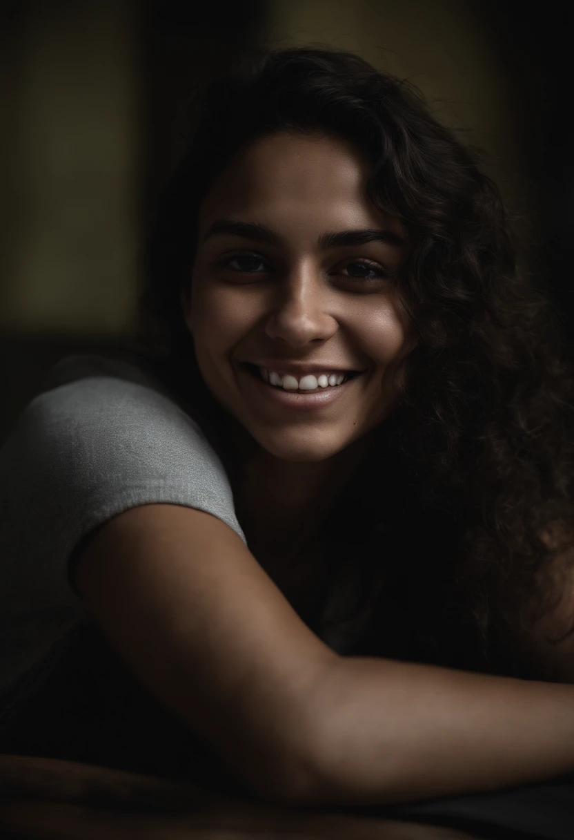 (gros plan, Editorial photograph of a 21-year-old woman of Hispanic descent), (high detail face:1.4) (sourire:0.7) (background inside dark, morose, private study:1.3) POV, Par Lee Jeffries, Nikon D850, Photographie de film ,4 Kodak Portra 400 ,camera f1.6 lentilles ,couleurs riches ,hyper realistic ,lifelike texture, Contraste fort, Cinestill 800