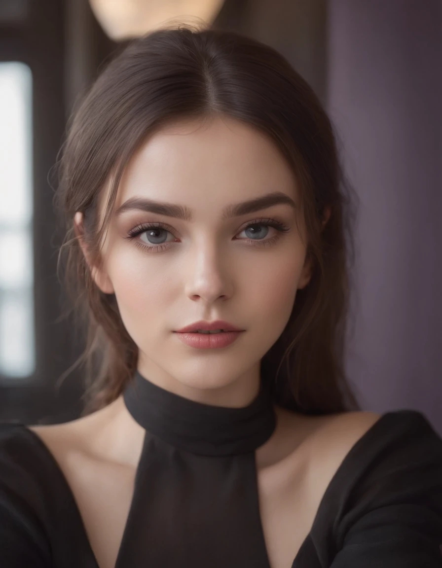 Arafed woman with black clothes, fille sexy aux yeux bruns, Portrait Sophie Mudd, cheveux bruns et grands yeux, selfie of a young woman, in a cafe, Yeux de chambre, Violet Myers, sans maquillage, maquillage naturel, looking straight at camera, Visage avec Artgram, Maquillage subtil, Superbe photo du corps entier, dans la chambre, clivage