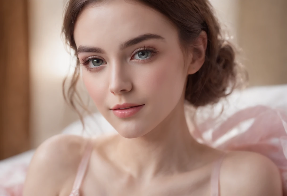 young woman laying on armchair , in the style of light magenta and light gray, calm and meditative, barbizon school, exaggerated facial features, light brown and white, happycore, emotional sensitivity ，upper body