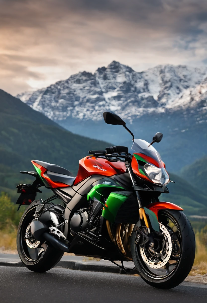 Kawasaki ZX-4RR,motorcycle,cartoony,Sunnyday,Speeding,Lateral face,Mountains in the background,the detail