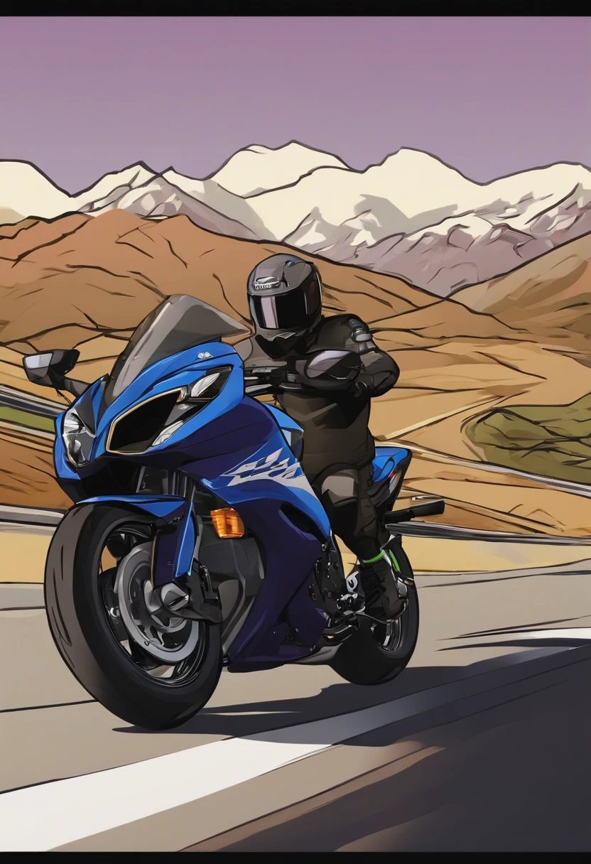 Kawasaki ZX-4RR,motorcycle,cartoony,Sunnyday,Speeding,Lateral face,Mountains in the background,the detail
