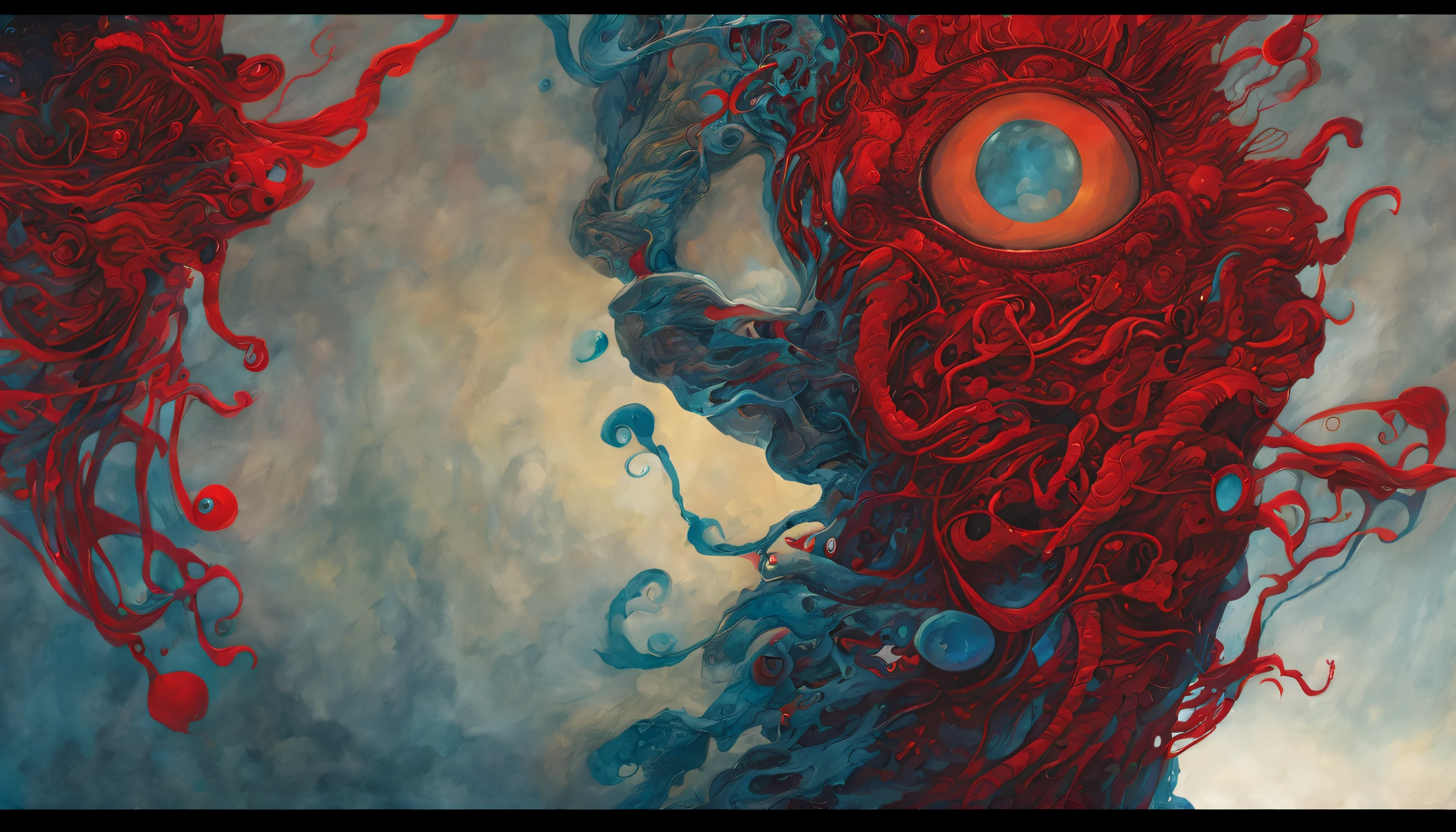 Katsuya TeradaStyle, (8K)(HD) #Intricate +psychedelic tone+ masterpiece(organic shapes) of squid(red vampire squid)/(cephalopod)(HUge red Iris/eyeballs). In rageing flowing SWIRLING curents of water(darkbluegray water) andBoiling water bubbles.
Iridiscent accents, highlights and overtones.White body, red higjlits and overtones, organic shapes and hard edges, cinematic lighting of intense glowing rich colors and accents by octane rendered dramatic shadows. Dynamic and atmospheric lens and sharp focus.
Artwork By Katsuya Terada. In the +STYLE+ of Katsuya Terada (comic book), intricate high detail masterpiece by Katsuya Terada.