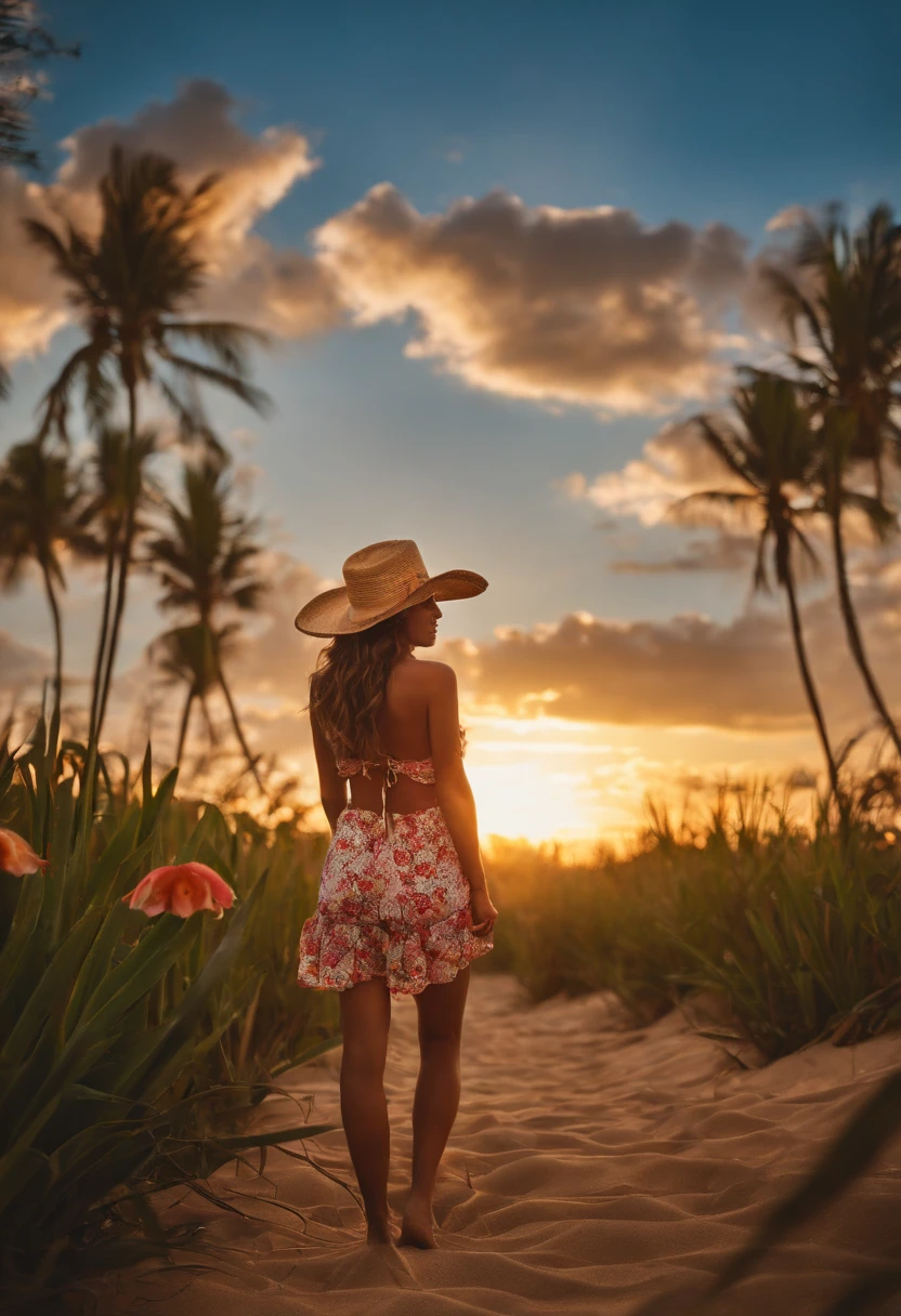 (Masterpiece:1.2), (Best quality:1.3), Shallow_Sunset, 1girll, standing, cowboy_Shot, straw_Hat, swimsuit, dress, Shorts, flower, starfish,