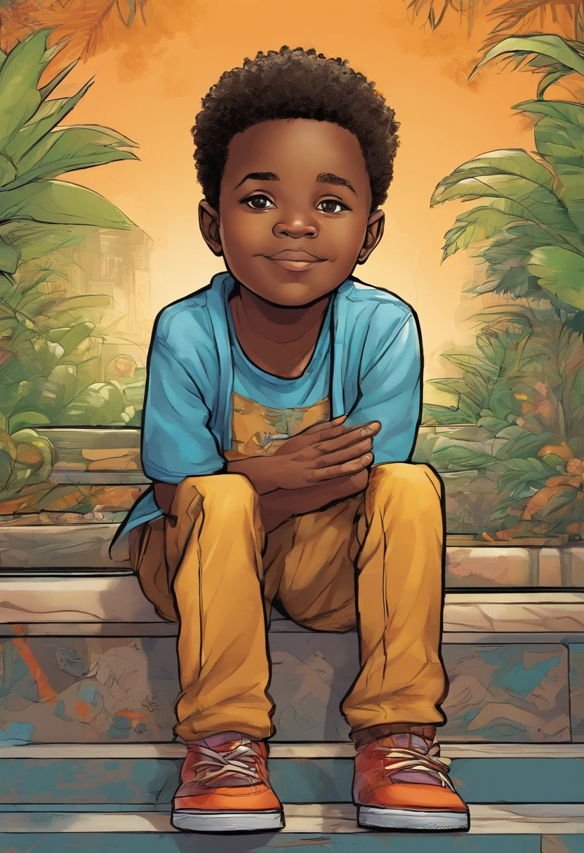 The face of a five-year-old black male child, Emphasize seriousness in the child's gaze.
