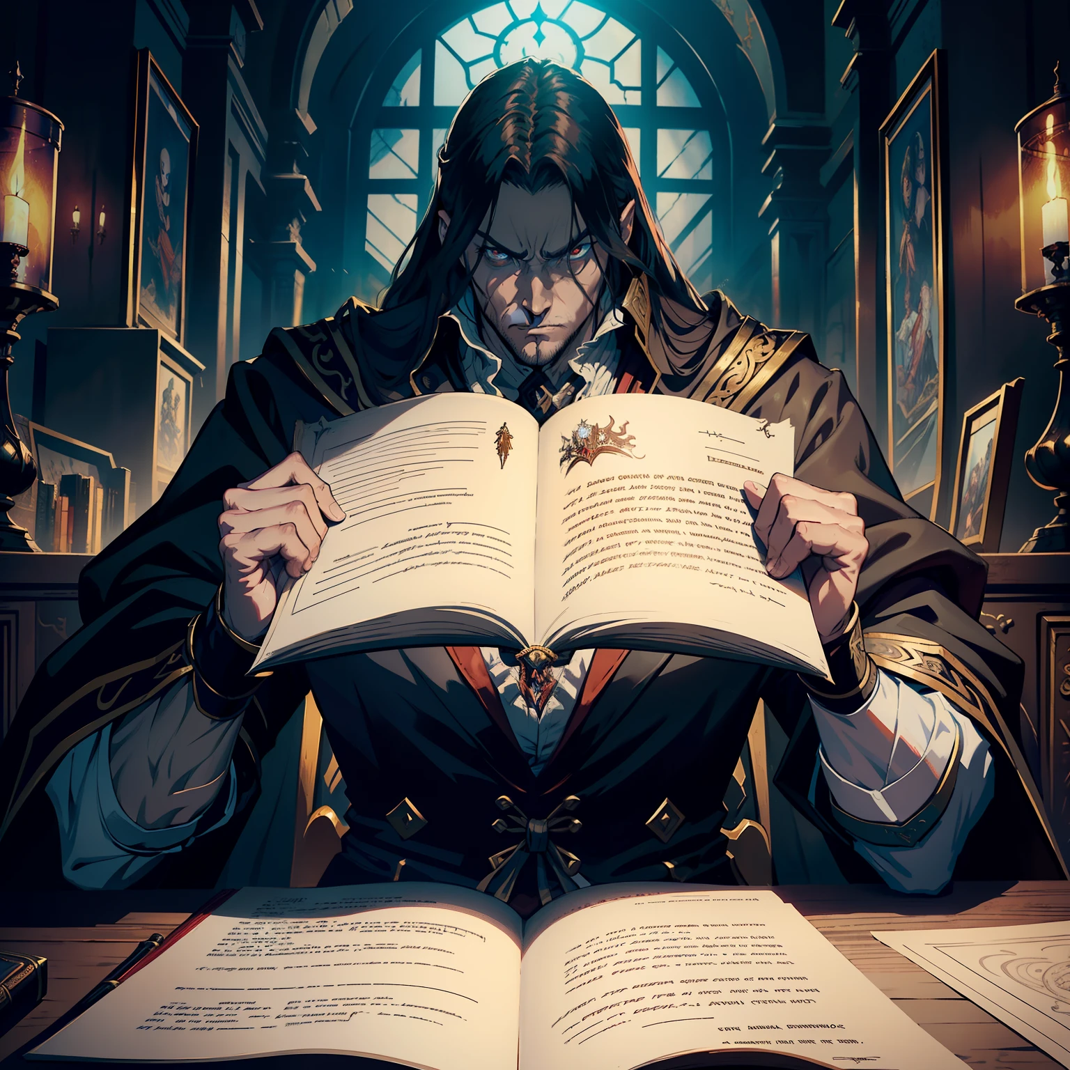 Castlevania Lord of the Shadows hyper realistic super detailed Dynamic shot masterpiece cinematic scene scenes movie Epic Legendary Lord Dracula sitting in his big legendary desk writing his story on the old demon scrolls behind him hyper realistic scenes super detailed anatomy correct proportions correct anatomy correct poses Kombat style hyper realistic super detailed Dynamic shots