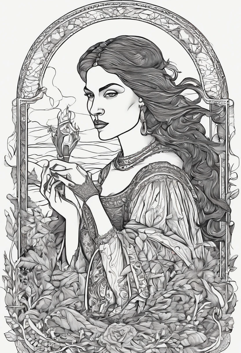 Desenhe uma cena sombria e misteriosa de uma mulher, com longos cabelos pretos, being burned at the stake during the Middle Ages. She's holding a cigarette, acendendo-o nas chamas crepitantes da fogueira. Use um estilo de hachuras detalhado para criar uma atmosfera intensa e medieval, with deep shadows and an environment shrouded in mystery and superstition, epic pencil drawing, by Adam Marczyński, by Sava Šumanović, by Arthur Pan, medieval