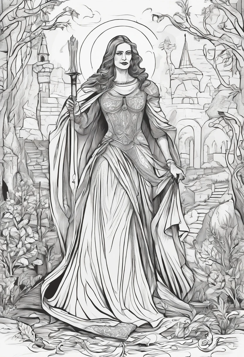 Desenhe uma cena sombria e misteriosa de uma mulher, com longos cabelos pretos, being burned at the stake during the Middle Ages. She's holding a cigarette, acendendo-o nas chamas crepitantes da fogueira. Use um estilo de hachuras detalhado para criar uma atmosfera intensa e medieval, with deep shadows and an environment shrouded in mystery and superstition, epic pencil drawing, by Adam Marczyński, by Sava Šumanović, by Arthur Pan, medieval