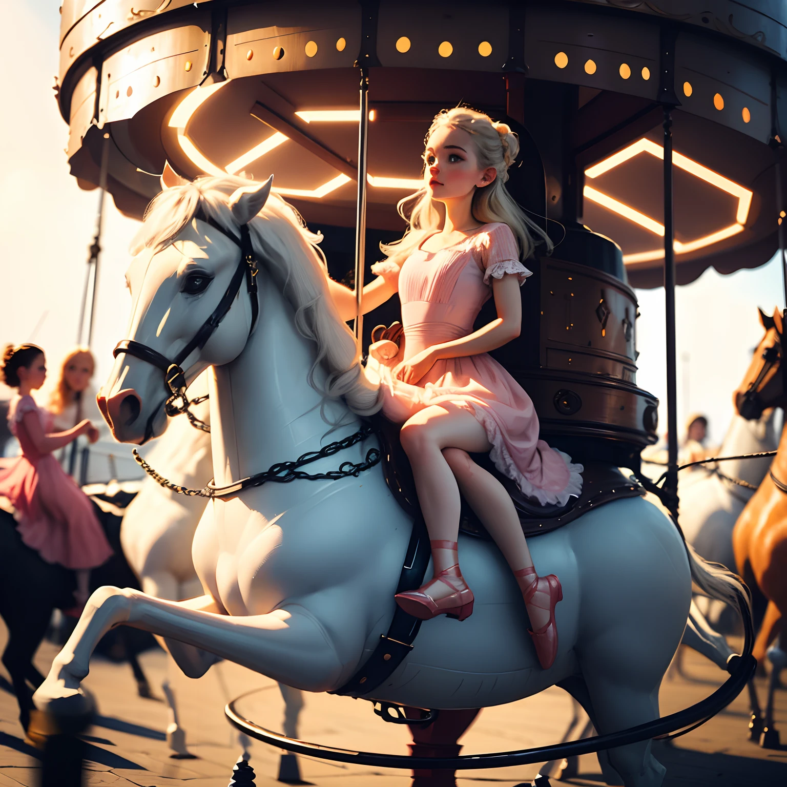 A beautiful icelandic girl riding carousel, wearing a ballerina dress,ballerina shoes