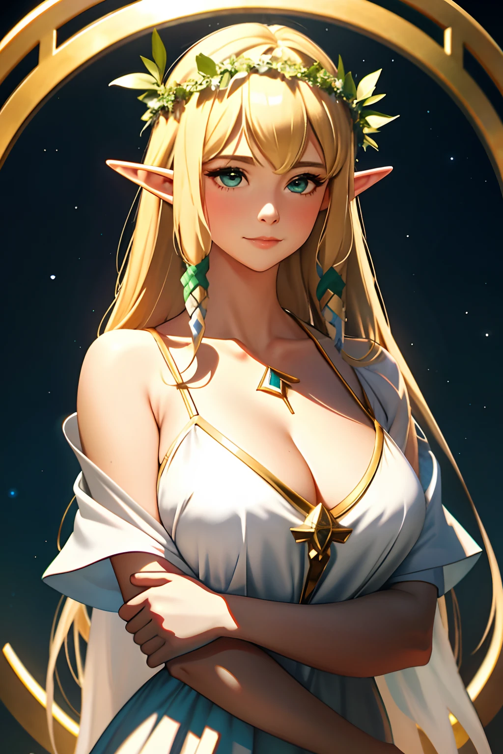 1girl,adult,woman, Bare shoulders, Blonde hair, Blush, Breasts, circle of the crone, cleavage, Closed mouth, dress, elf, Green eyes, head wreath, Huge breasts, laurel crown, Long hair, view the viewer, O-ring, O-ring top, Pointy ears, Simple background, Solo, Upper body, White background, White dress,celestine lucullus,Realistis,(Shiny skin),(Masterpiece:1.4),(Best quality:1.4),zelda