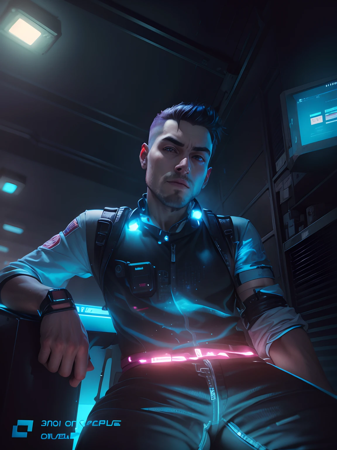 Change bag round in a cyberpunk. In a handsome boy ..real face. 8k