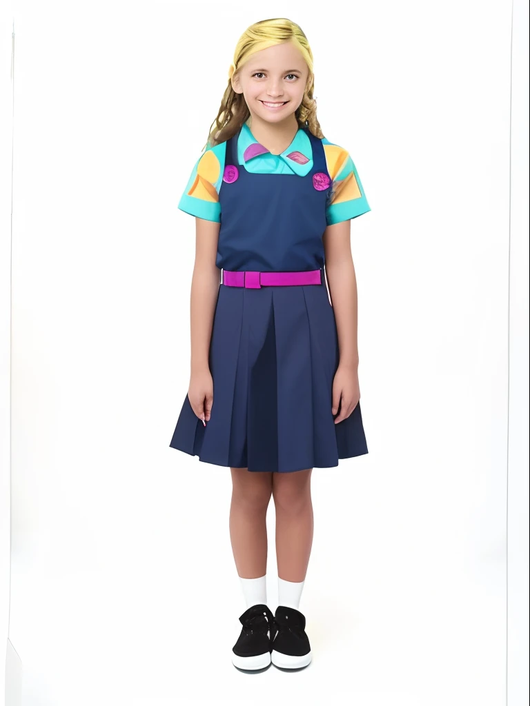 ((8k:1.27), best quality, master part, proportion Aurea, Ultra Highres:1.2) Foto de menina de 14 anos bonito (Beautiful:1.1) (mulher meiga catalogo fashion:1.1), Cute latin girl, 14 anos, fantasia, circunstanciado, Fotografia de estudio, Hasselblad camera, profundidade de campo, maximum illumination, random hair, random hair color, menina solo, 1 girl, peito pequeno: 1.5, mama arredondada, Corpo magro, fotografia de corpo inteiro, Uniforme de orfanato inspirado na novela Chiquititas, Navy blue dress rotated with thick straps, camisa social com estampa aquarela splash turquesa, lilac, laranja, pink. Cinto rosa, sapatilha pink neon estilo bailarina. Menina de cabelos castanhos lisos, olhos azuis, pele branca