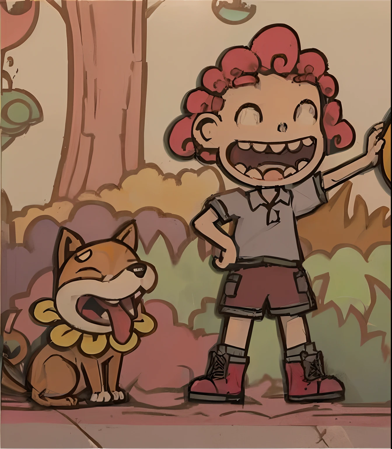 A cartoon of a boy and a dog with a frisbee in his hand, greg ], Petscop, character art closeup, line art in colour, medium shot of two characters, annie from league of legends, Lagarit, toki doki, style of jojolion cover art, offcial art, happy tree friends, colored manga panel, skottie young