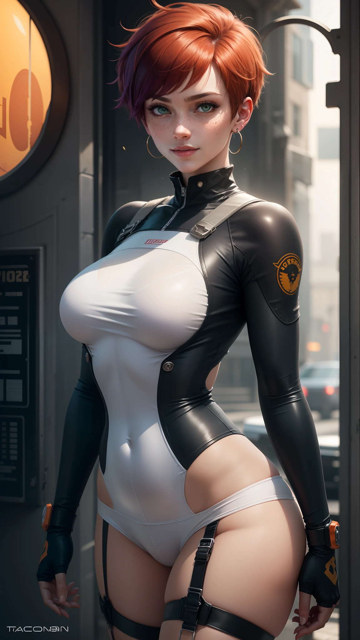 gwen tennyson,tracer,bulma,rebecca chambers,overwatch,1girl,sunny,close up,cyberpunk city,space ship,moon, space plusuit,military uniform,military gear,garter belt,long sleeve lycra top, lycra micro shorts,short hair,silver earrings,goth eyeliner,wet shirt,green eyes,orange hair,purple hair highlights,shy smile,freckles,redhead, beautiful girl,large breasts,ultra detailed,realistic,fantasy art,
