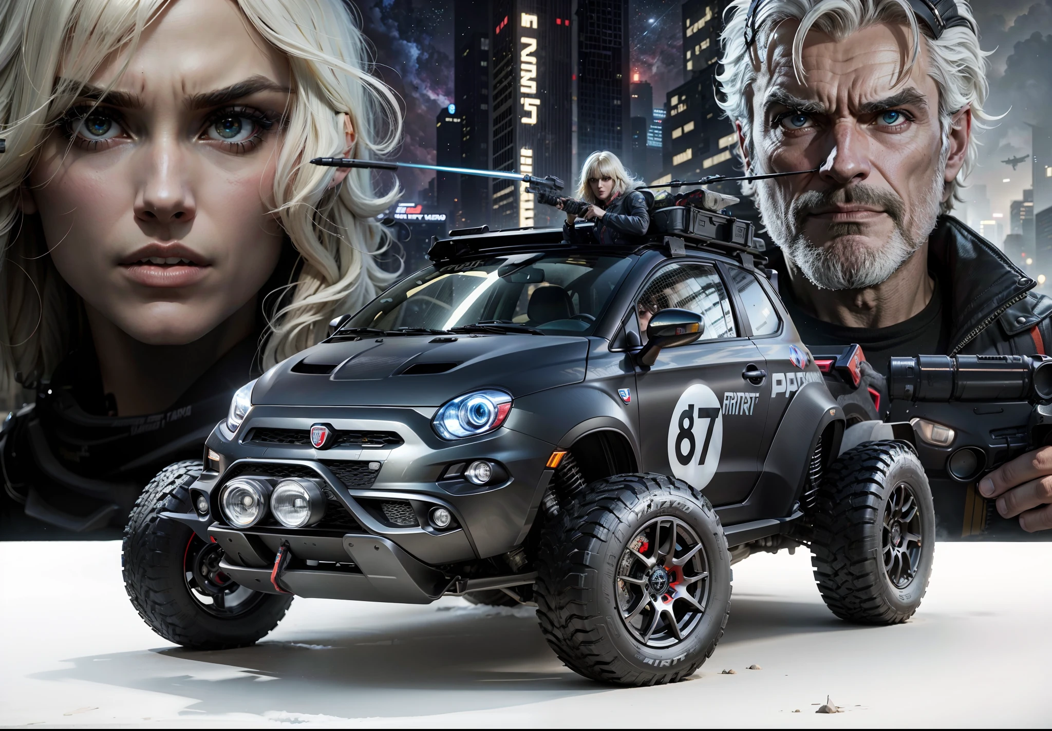 Um Fiat Abarth Black Flyier em primeiro plano e personagens do filme Blade Runner como Daryl Hannah e Harryson Ford segurando uma arma, ao fundo a cidade principal, nebulosa e molhada;