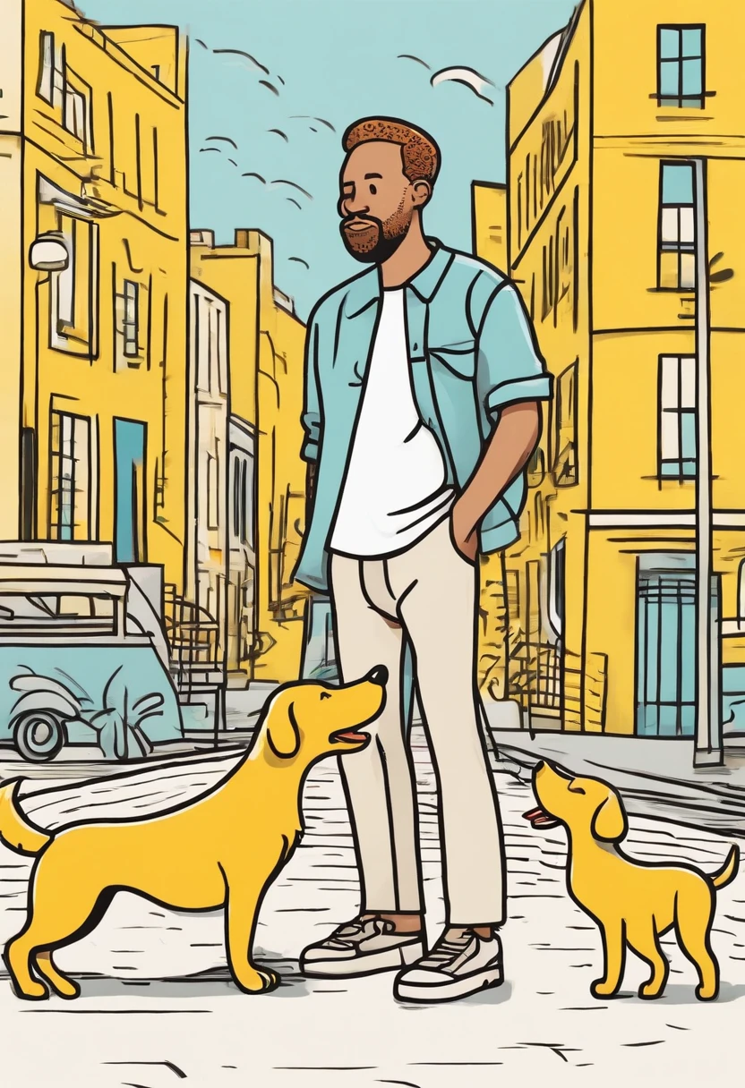 【A cute cartoon greg is wearing short sleeves and leading the dog,full body,yellow background, 】doodle in the style of Keith Haring,sharpie illustration, bold lines and solid colors, simple details,minimalist