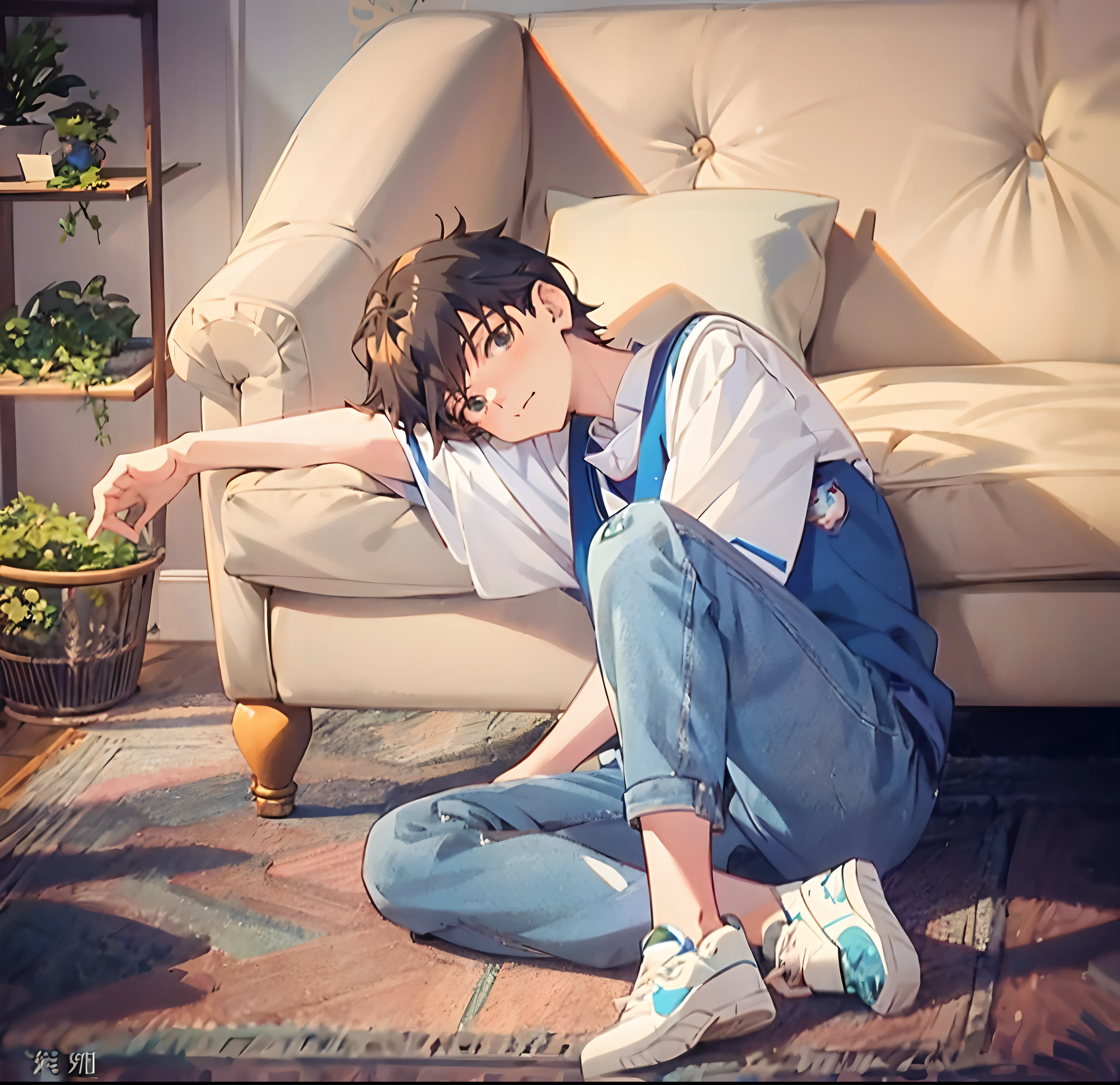 anime - style image of a young woman sitting on the floor in front of a couch, handsome anime pose, inspired by Bian Shoumin, relaxed pose, high quality fanart, makoto shinkai. digital render, high quality anime artstyle, artwork in the style of guweiz, anime boy, official fanart, made with anime painter studio, anime moe artstyle