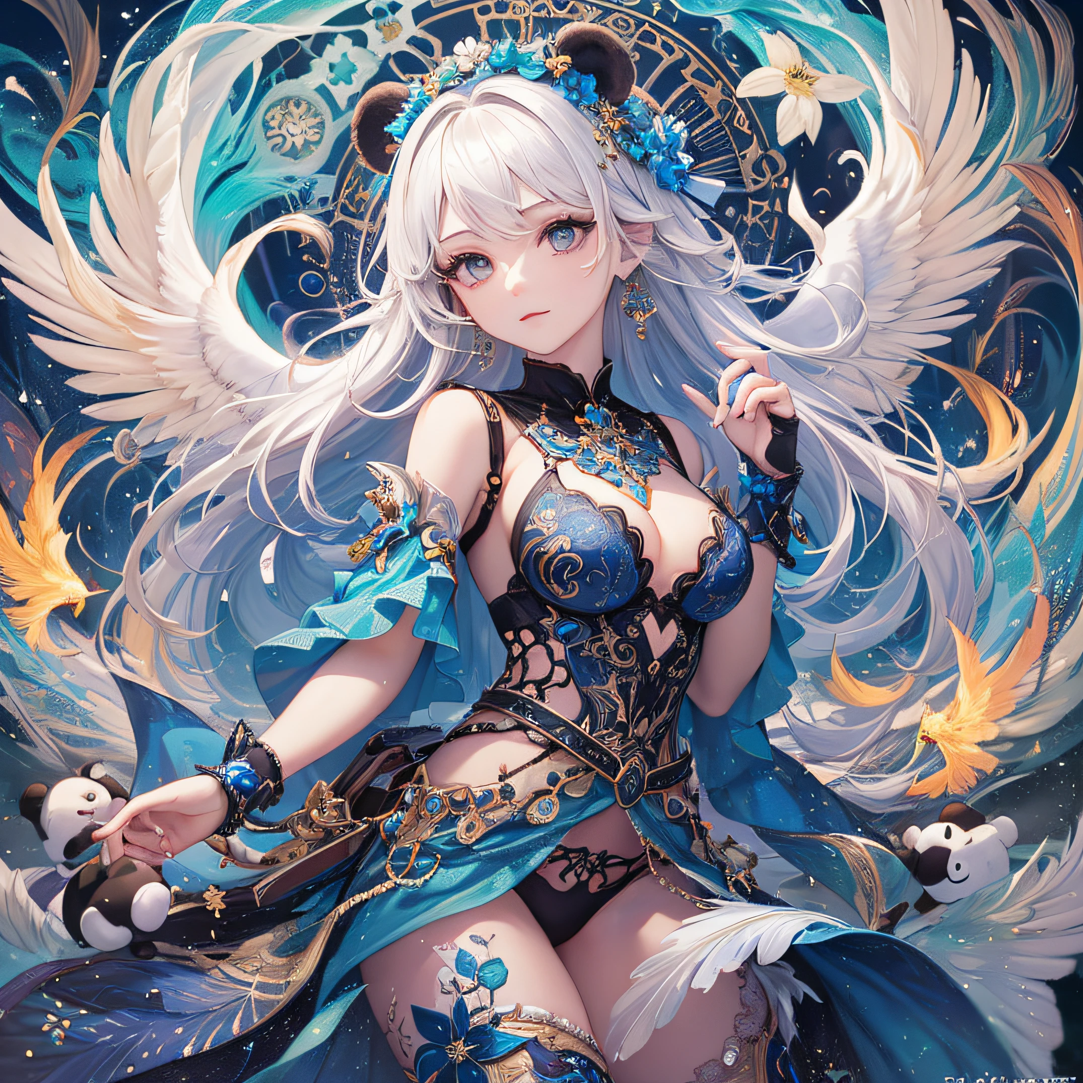 (Masterpiece, Top Quality, Top Quality, Official Art, Beautiful and Aesthetic: 1.2), (1 Girl: 1.3), White and Blue, Very Detailed, (Fractal Art: 1.1), (Colorful: 1.1) (Flower: 1.3), Supreme Detail, (Zentangle: 1.2), (Dynamic Pose), (Abstract Background: 1.3), (Shiny Skin), (Many Colors: 1.4), (Earrings), (Feathers: 1.5), ( Wind: 1.3), jewels, white hair, wrapped in light, detailed background, phoenix dress, panda ears, blue flowers, bright eyes