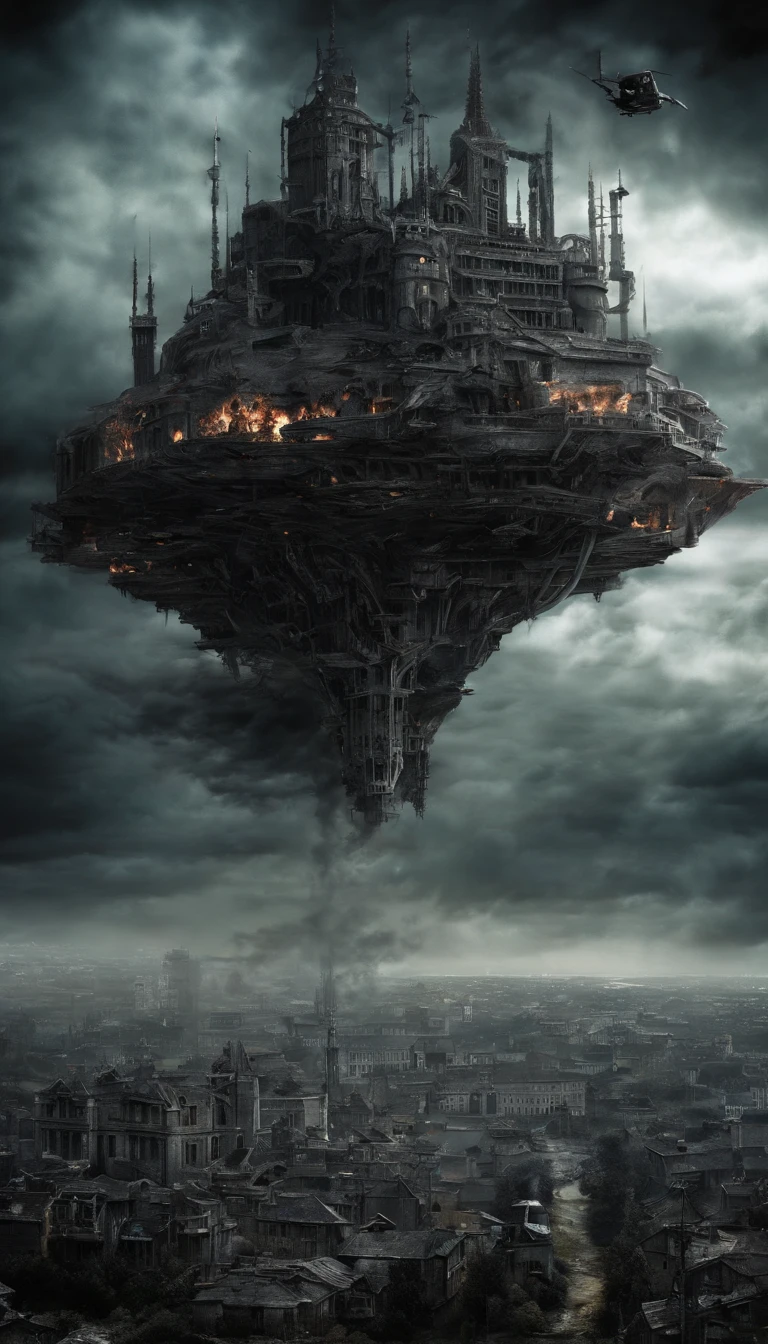 (Art de science-fiction:1.5), france postapocalyptique de science-fiction, (Une ville volante:1.7), A white flying castle is located there, (Huge mechanisms spew clouds of smoke:1.3), Vue panoramique, clouds of smoke, Storm clouds, (Masterpiece), (Couleurs vives:1.6)