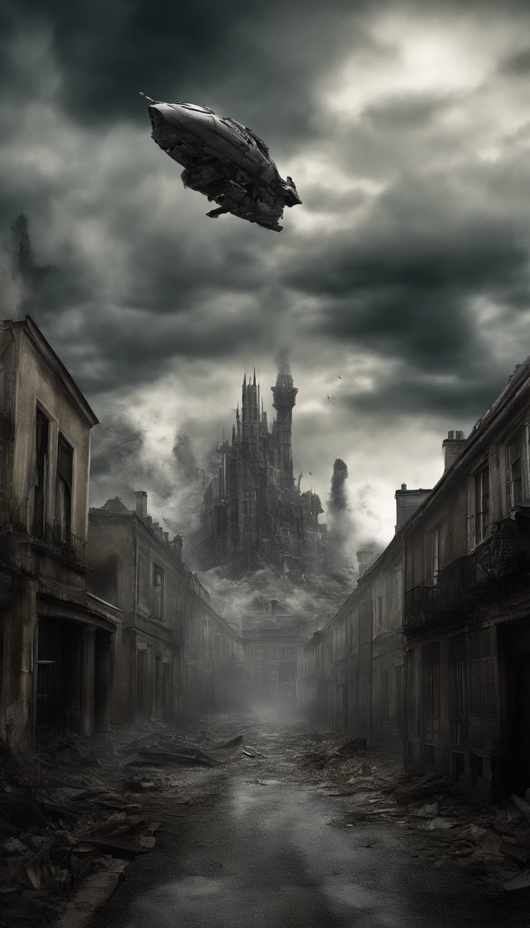 (Art de science-fiction:1.5), france postapocalyptique de science-fiction, (Une ville volante:1.7), A white flying castle is located there, (Huge mechanisms spew clouds of smoke:1.3), Vue panoramique, clouds of smoke, Storm clouds, (Masterpiece), (Couleurs vives:1.6)