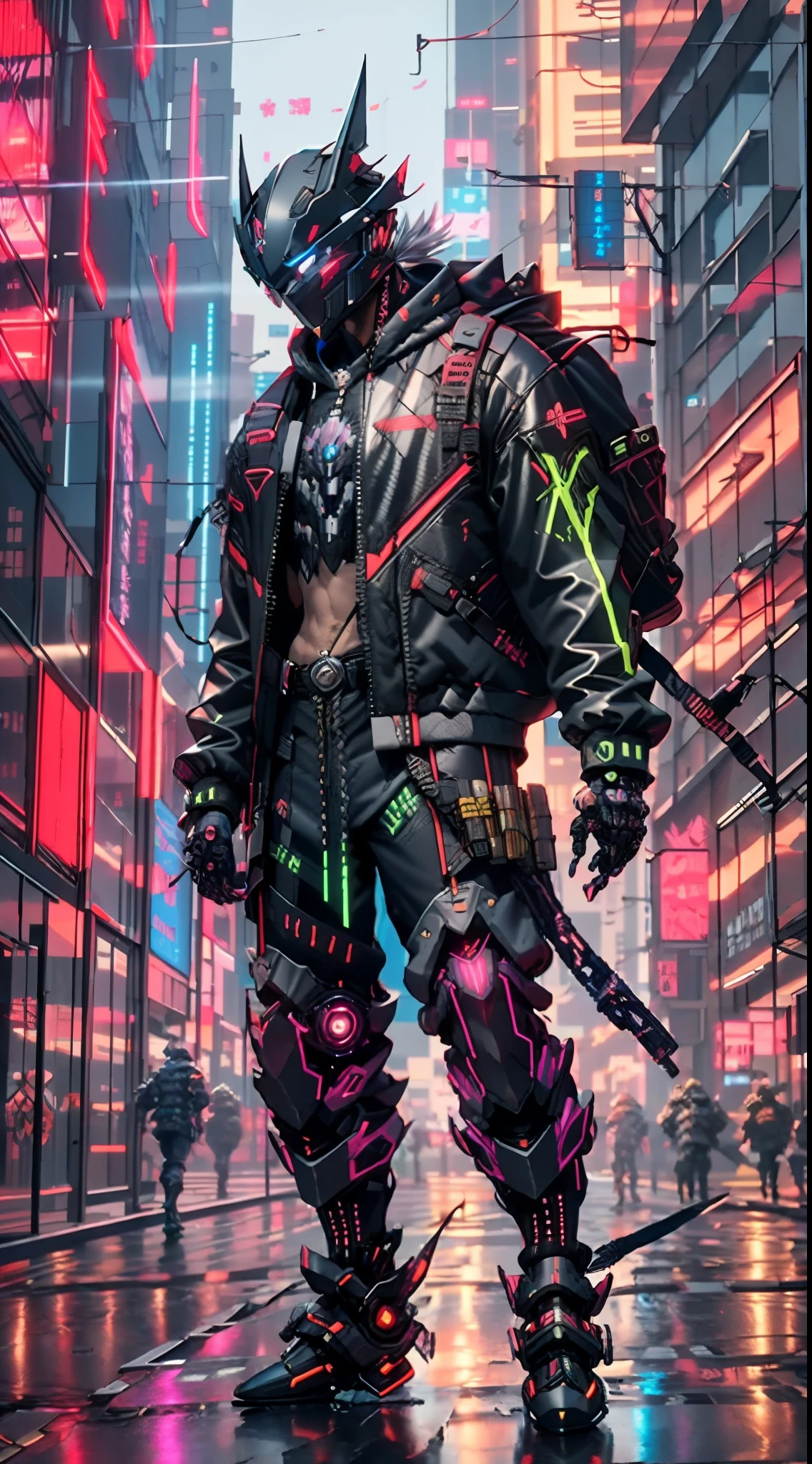 there is a man in a black and green outfit with a backpack, cyberpunk streetwear, cyberpunk suit, cyberpunk street goon, cyberpunk wearing, cyberpunk techwear, muted cyberpunk style, has cyberpunk style, style of cyberpunk, wearing cyberpunk streetwear, cyberpunk soldier, hyper-realistic cyberpunk style, cyberpunk character design, all black cyberpunk clothes, crow in cyber armour, cyberpunk clothes