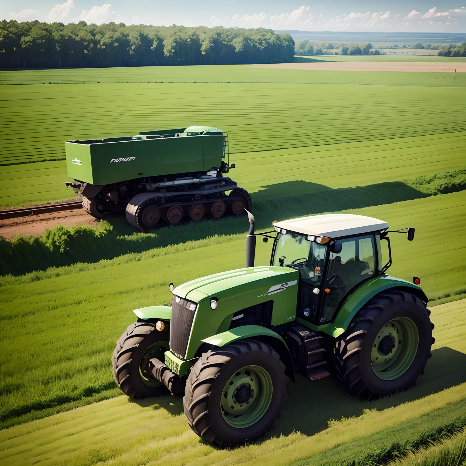 A modern tractor rides on a green field realistically
