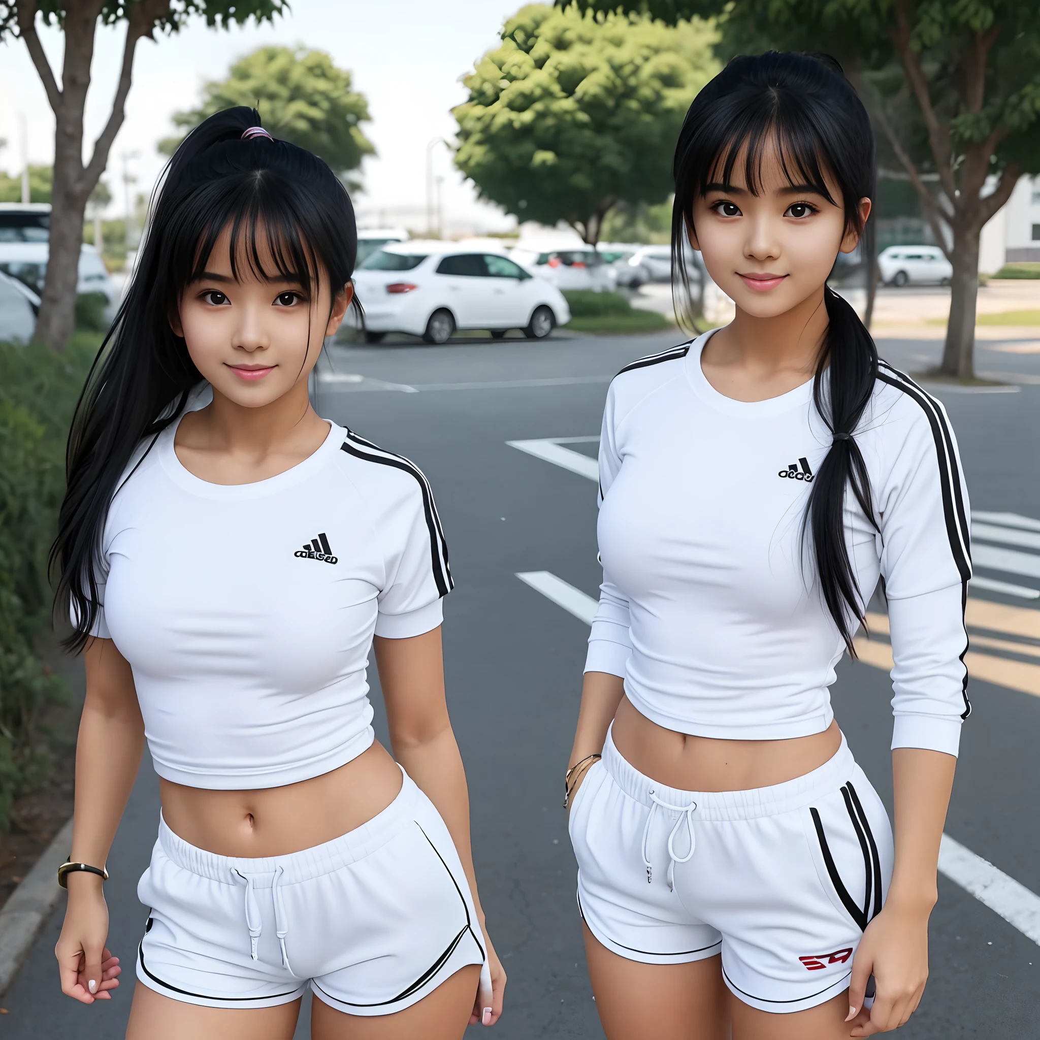 a beautiful girl in a white tight t-shirt, tracksuit, shorts, white skin, black hair, at school, asian girl