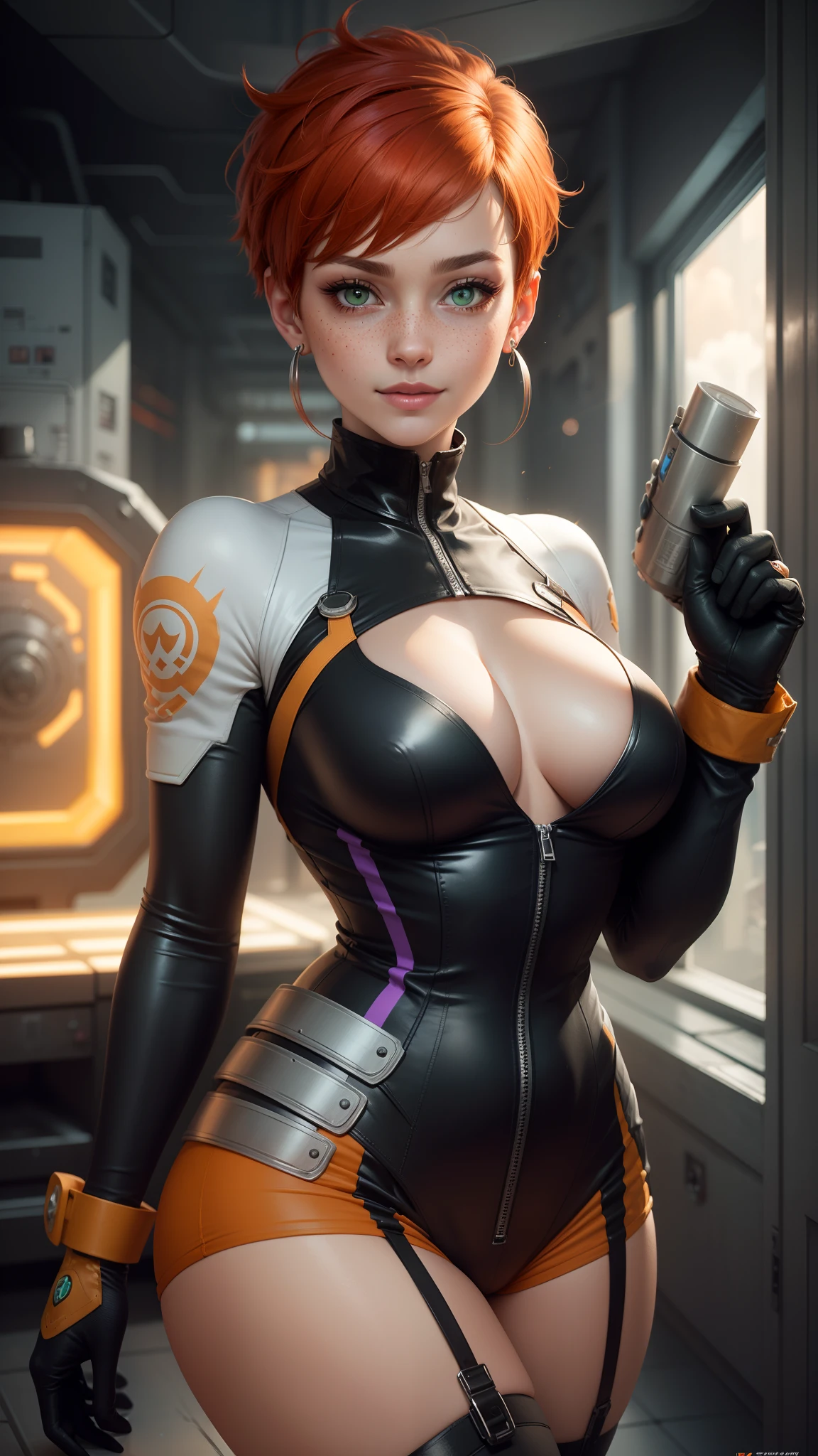gwen tennyson,tracer,bulma,rebecca chambers,overwatch,1girl,sunny,close up,cyberpunk city,space ship,planet, steel armor,military uniform,military gear,garter belt,long sleeve lycra top,lycra micro shorts,short hair, silver earrings,holding a blaster, goth makeup,green eyes,orange hair,purple hair highlights,shy smile, freckles,redhead,beautiful girl,large breasts,ultra detailed,realistic,fantasy art,