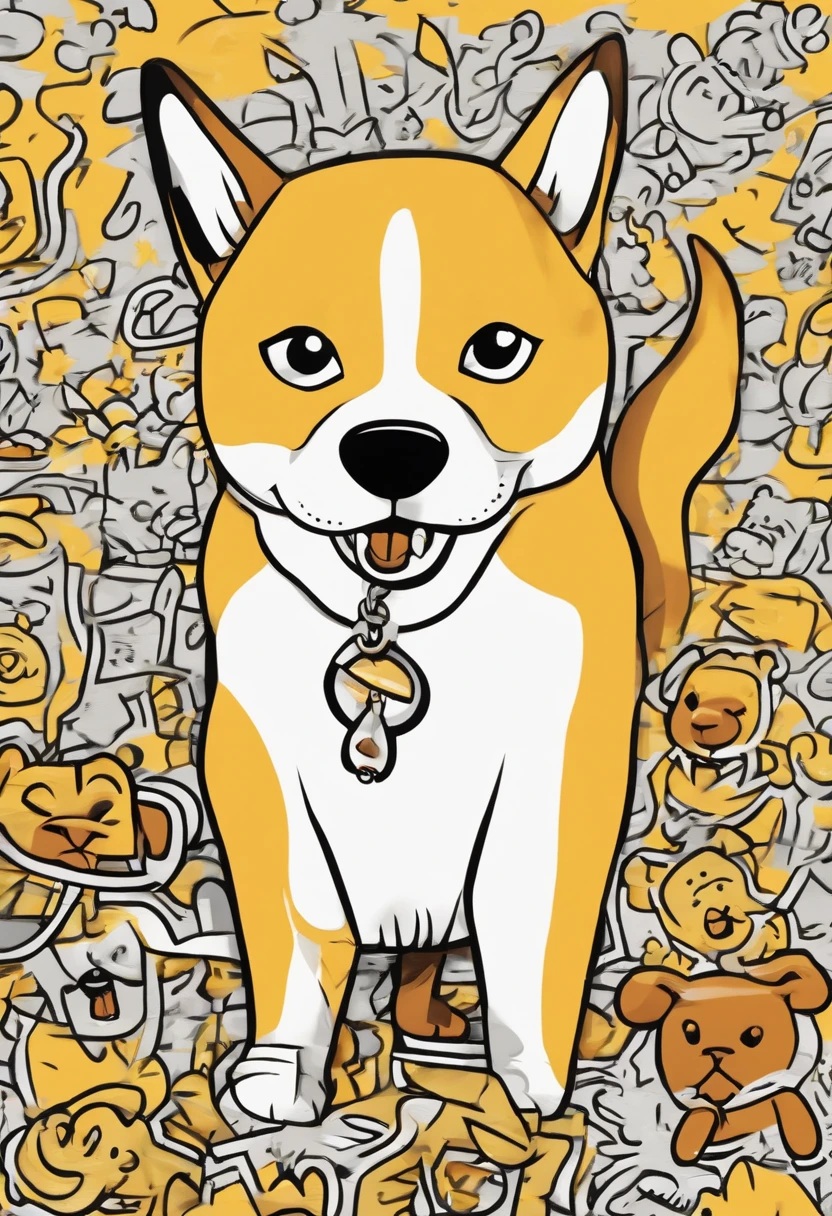 【Cute cartoon Greg,Wear short-sleeved dogs,full bodyesbian,Yellow background,Squinted eyes,Mouth open,Leaking teeth,Red hair,Curved hair,Shiba dog,】graffiti in the style of Keith Haring,Sharpie illustration, bold lines and solid colors, Simple details,Minimalist