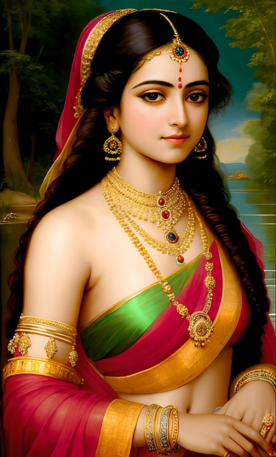 Masterpiece,8k uhd, hdr, realistic, hyper realistic, intricate, vibrant colour, painting of a woman in a yellow sari, pierced eyes, traditional beauty, inspired by Raja Ravi Varma, indian art, by Raja Ravi Varma, painting of beautiful, inspired by T. K. Padmini, painting of a woman, by Sardar Sobha Singh, gorgeous woman, oil on canvas painting, traditional painting, oil-painting, intricate details, 19th century Academic Art,