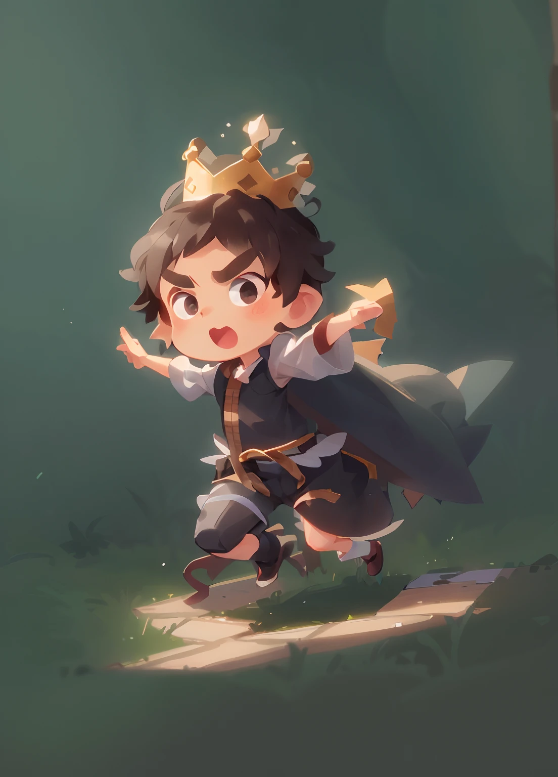 A little boy wears a crown，Run，Pure，Short black curly hair，cheerfulness，Rejoice，Perfect quality，Clear focus（Clutter - home：0.8）， （tmasterpiece：1.2） （realisticlying：1.2） （Bokeh） （best qualtiy） （detailedskin：1.3） One foot in front of the foot and behind the foot，wearing boots，Short French curly hair，Didn't hold anything in hand，One foot in front and one foot behind，It's like jumping up，Short and thin eyebrows，The cape flutters lightly