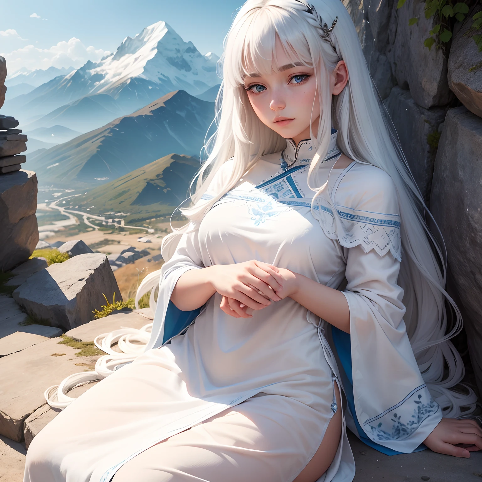In the background are mountains, a beautiful girl name is Lisa, 18 year old with blue eyes, long white hair, wearing a white tunic is sleeping next to a rock