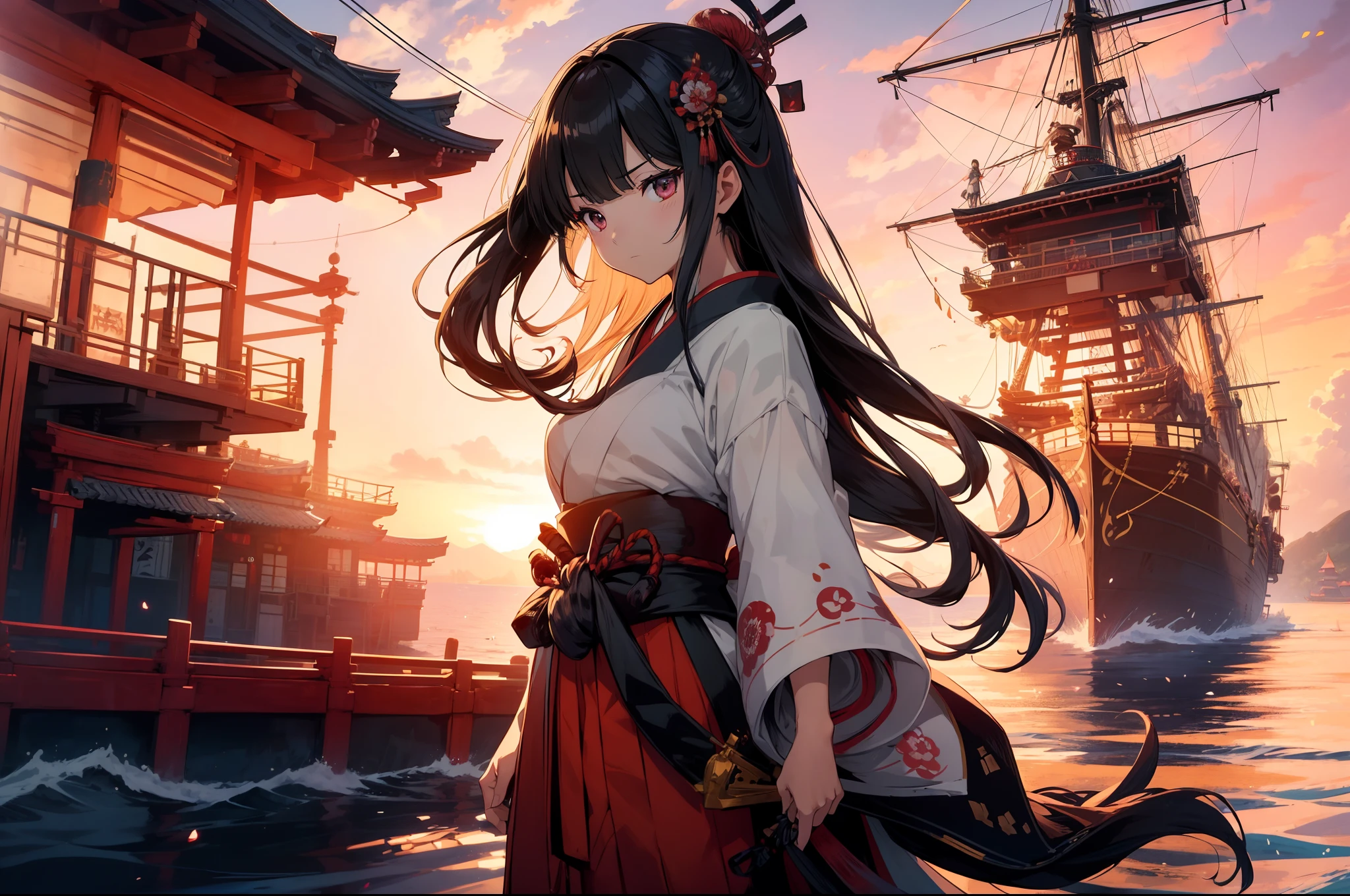 1 samurai girl, standing on sailing ship, character focus ,(cinematic angle), from below ,japanease clothing, colorful clothing , colorful hakama, black long hair,serious face ,((looking away)),high resolution,(incredibly absurdres),anime visual,extremely detailed CG unity 8k wallpaper, ((masterpiece)), ((top-quality)), (beautiful illustration), ((an extremely delicate and beautiful))