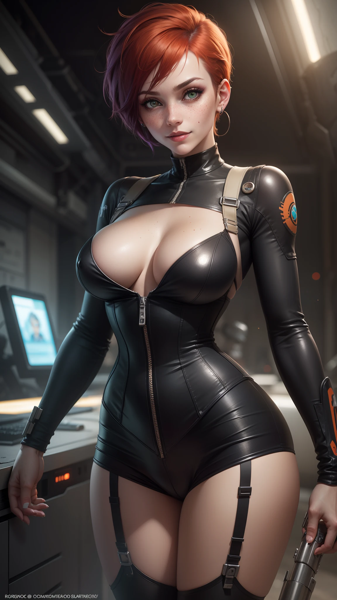 gwen tennyson,tracer,bulma,rebecca chambers,overwatch,1girl,sunny,close up,cyberpunk city,space ship,steel armor,military uniform,military gear, steel corset,garter belt,long sleeve lycra top,lycra shorts,short hair, silver earrings,holding a blaster, goth makeup,green eyes,orange hair,purple hair highlights,shy smile, freckles,redhead,beautiful girl,large breasts,ultra detailed,realistic,fantasy art,