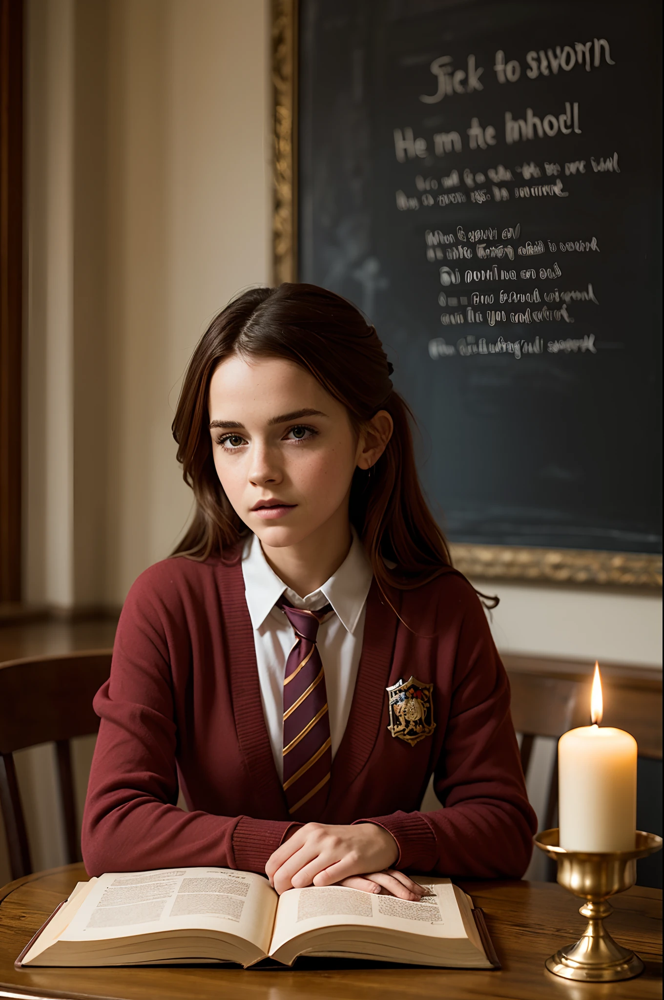 Hermione Granger body photos, bikini, black hair, teenager, sitting at the table at full height, There is a book on the table, 8k contract, low lighting, high quality, granularity, Fujifilm XT3