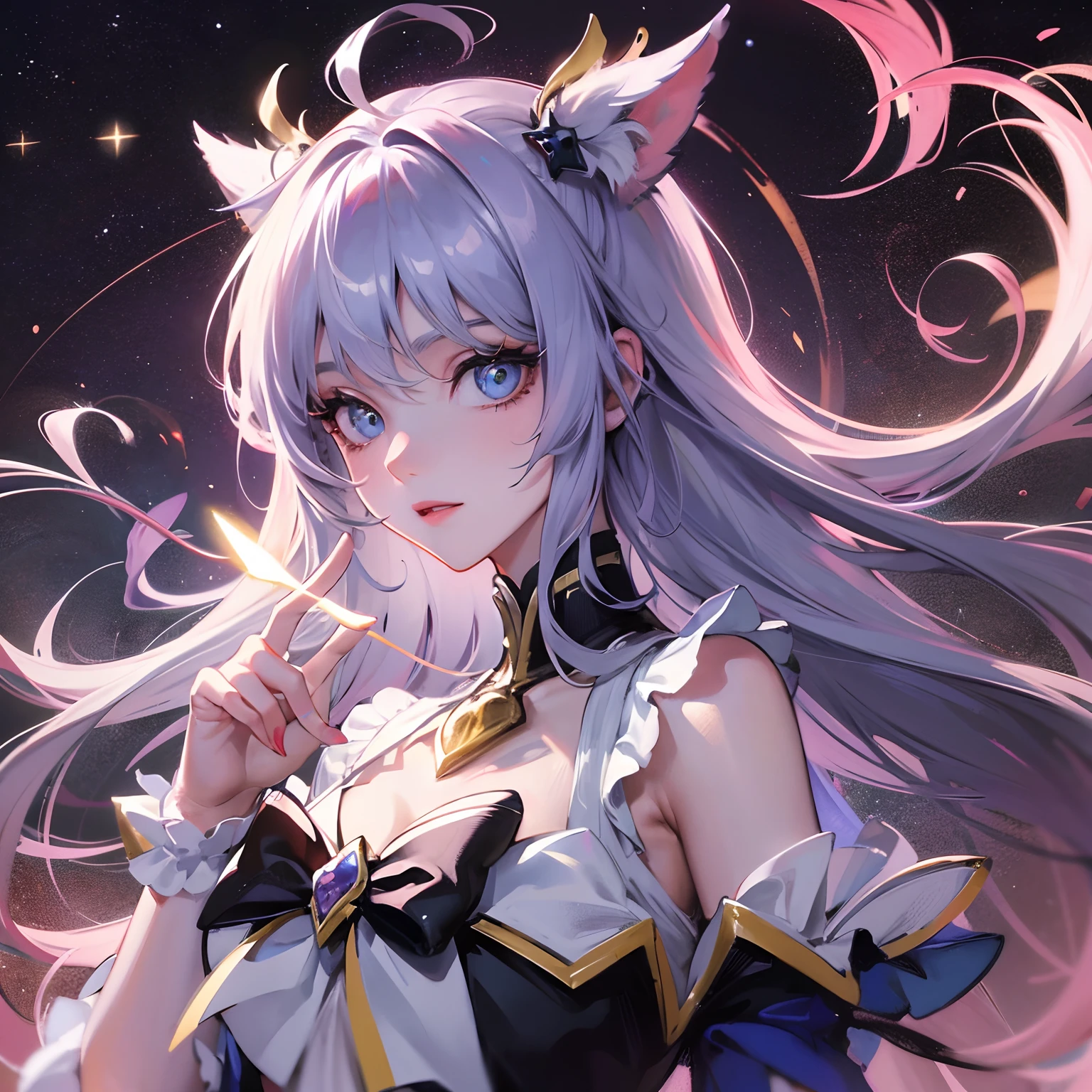 (Anime portrait, glowing, shining), magical girl, dynamic hair, vivid eyes, shooting stars, swirls of mystical energy.