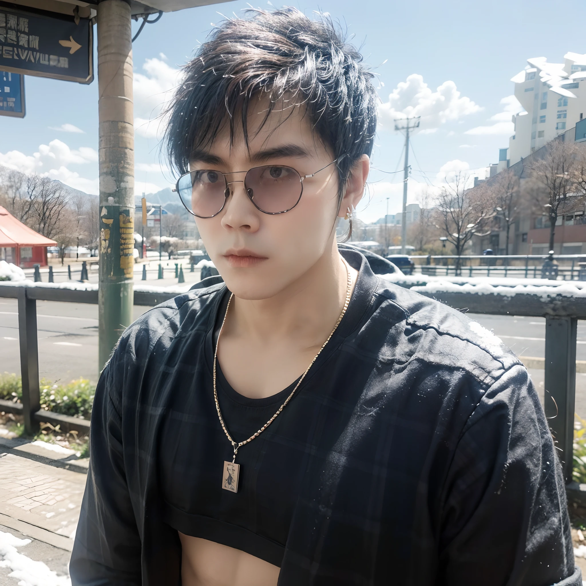 cool guy，perm，Wearing black sunglasses，Wearing earrings，Wearing earrings, exquisite facial features, Have by the sea, parks，snow mountains，城市，the street，rays of sunshine, blue-sky,baiyun, red tinted hair, Cold ，frontage，strong, Well-developed abdominal muscles，musculous，Robust，mannequin