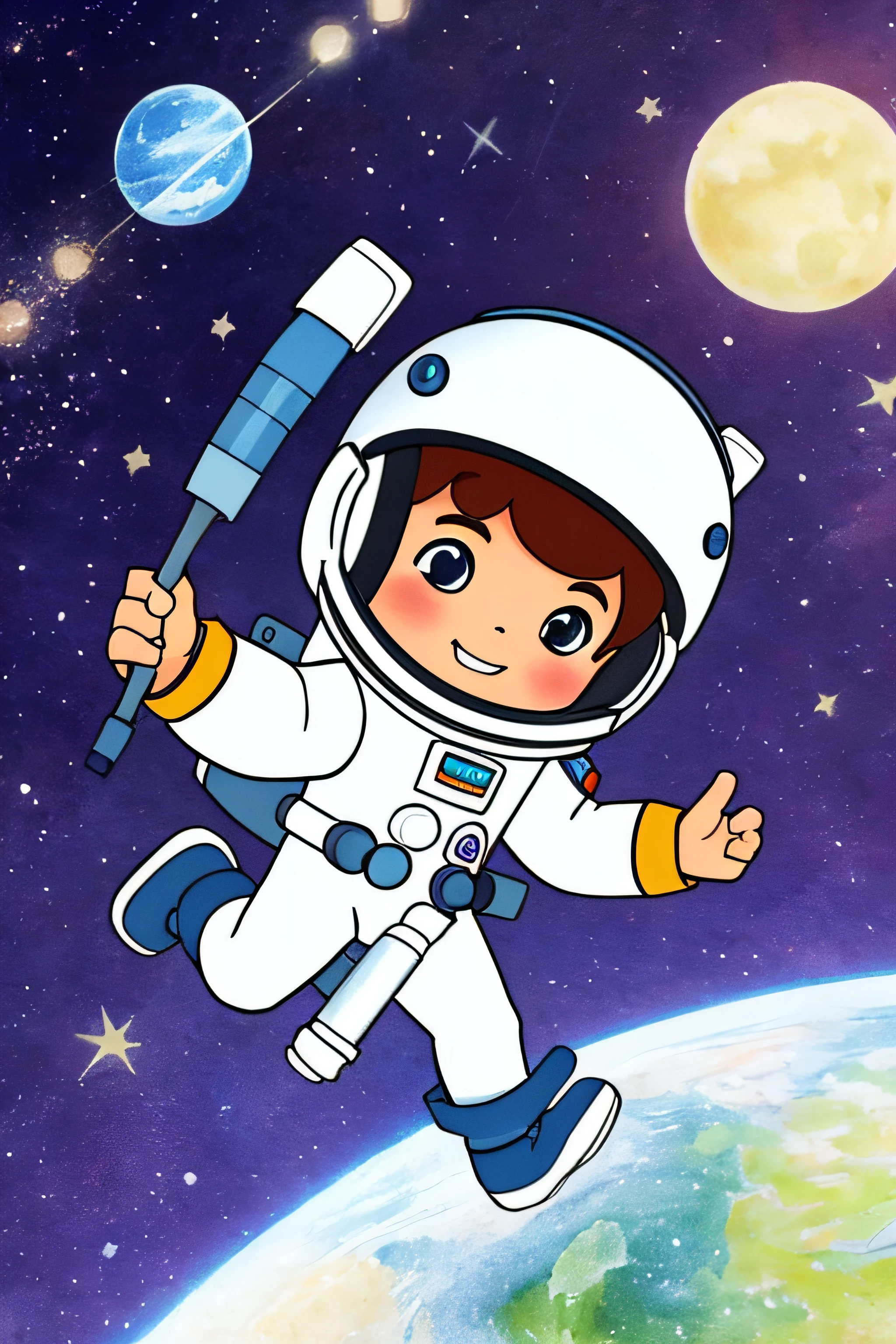 cute astronaut chibi, para capa livro infantil, fundo branco, poucos detalhes, Desenho simples, poucos outros elementos, Adesivo 2D, Corpo inteiro, desenho aquarela, HD