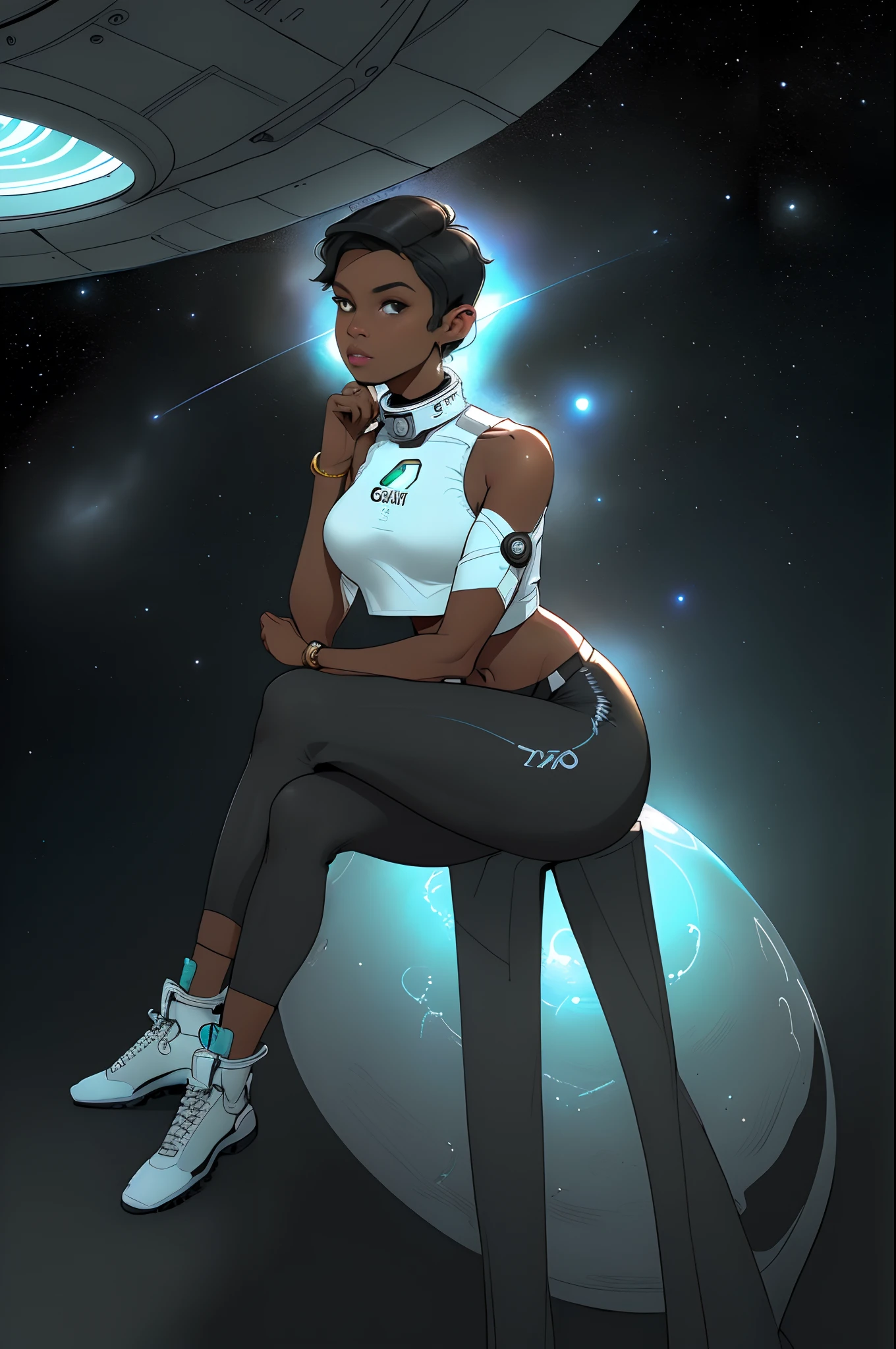 Estilo Sketchbook, handdrawn, escuro, corajoso, arte realista, mistura de linhas escuras e linhas soltas, linhas em negrito, no fundo branco, personagem, (((uma mulher negra piloto espacial linda, corpo esguio, crop top sci-fi, short hair, pose natural sentada, sentada de lado))), ((em fundo branco)), tema sombrio, Golden ratio of perfect composition, obra-prima, melhor qualidade, 4k, foco nítido. better hand, anatomia perfeita. por Com Design em Mente