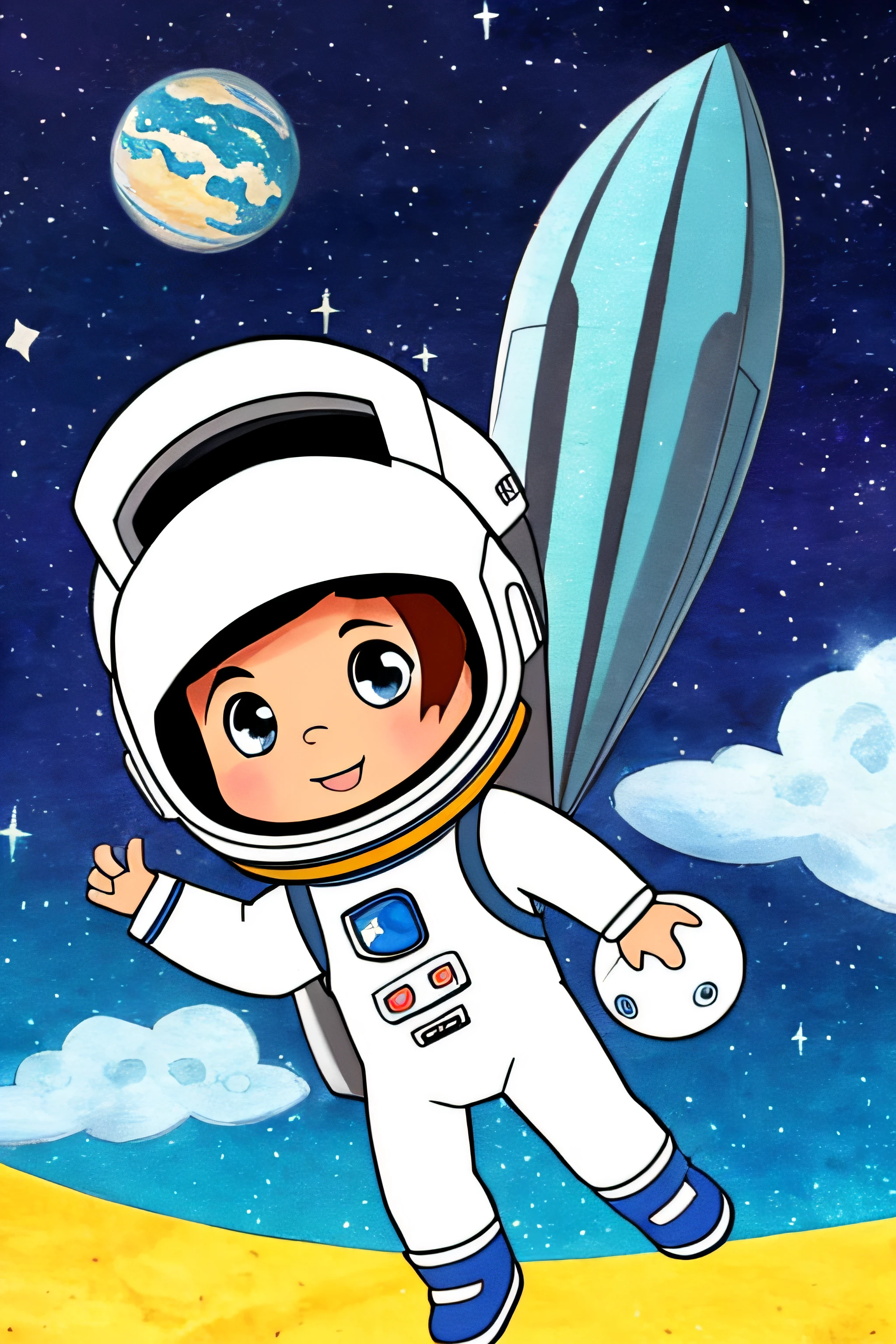 cute astronaut chibi, para capa livro infantil, fundo branco, poucos detalhes, Desenho simples, poucos outros elementos, Adesivo 2D, Corpo inteiro, desenho aquarela, HD
