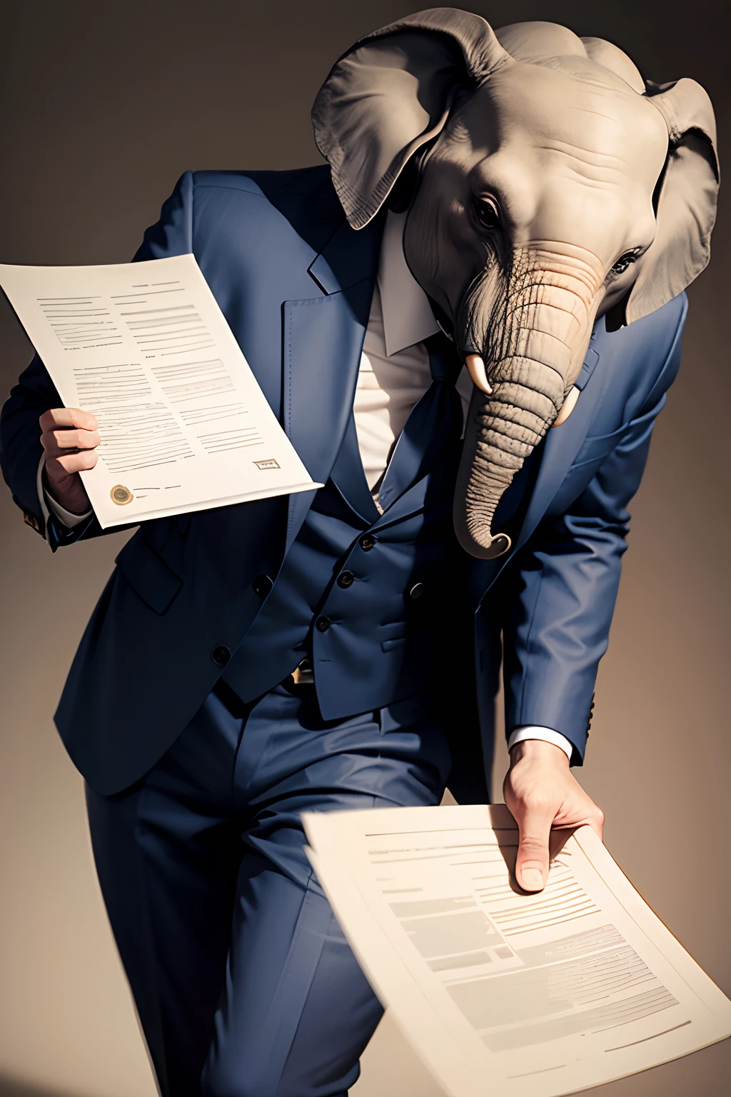 A man in a suit with an elephant's head instead of a man and holds documents in his hand
