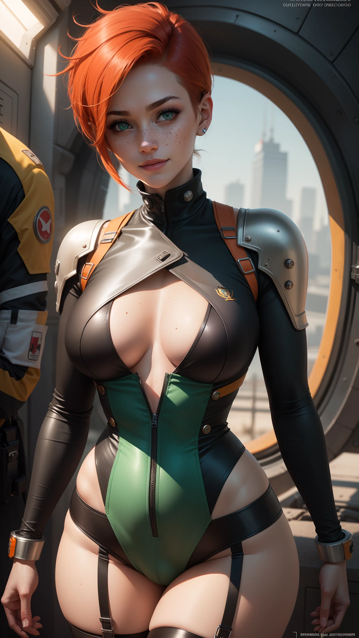 gwen tennyson,tracer,bulma,rebecca chambers,overwatch,1girl,sunny,close up,cyberpunk city,space ship,steel armor,military uniform,military gear, steel corset,garter belt,long sleeve lycra top,lycra shorts,short hair,battle scars,goth makeup,green eyes,orange hair,purple hair highlights,shy smile, freckles,redhead,beautiful girl,large breasts,ultra detailed,realistic,fantasy art,