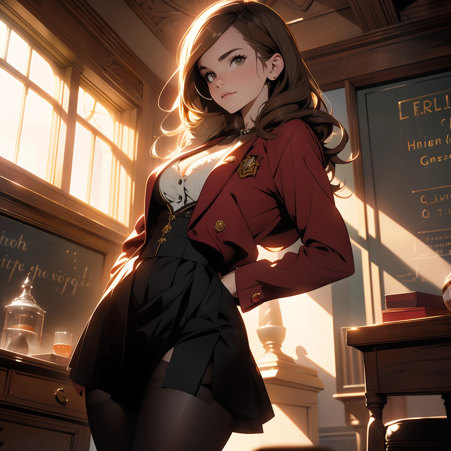 20 years old, adult emma watson dressed as adult hermione, gryffindor lingerie, 1girl, solo, looking at viewer, big breasts, large breasts, black pantyhose, perfect legs, sexy pose, cleavage, short skirt, white panties, lifted skirt, indoors, classroom