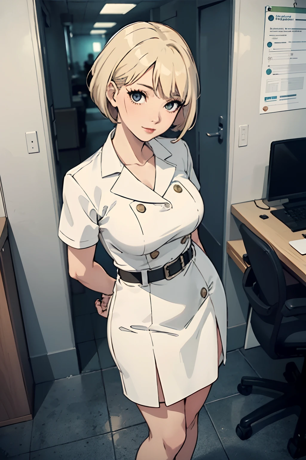 (Best Quality:1.2), 1girl in, (From above, arms behind back, Naughty face, alternate hair color, Very short hair, curlyhair, braid, Medium_breasts, Infirmary), Natural makeup, Big Tits, Seductive, Motherhood, で_The_vd_Office, gaze at the audience, Sexy, Full body, Chief Executive Officer Lady, (Mature Woman, A MILF: 1.1), Solo, (Curve: 1.1), A MILF, Modern office background, high-heels, Blonde hair, bob Haircut, NFSW, to stand, White Tube Dress, White short skirt, close up of face