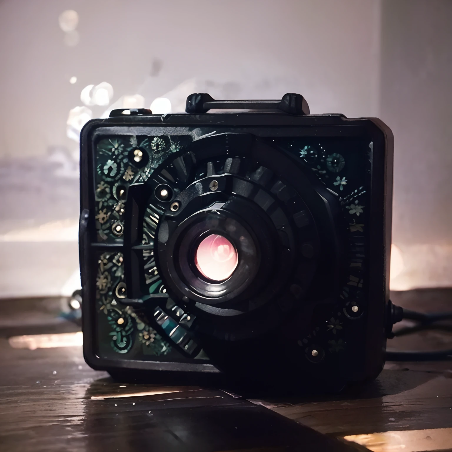A worn-out, vintage camera with intricate painted patterns on its body. Faint glowing lights can be seen emanating from within the lens