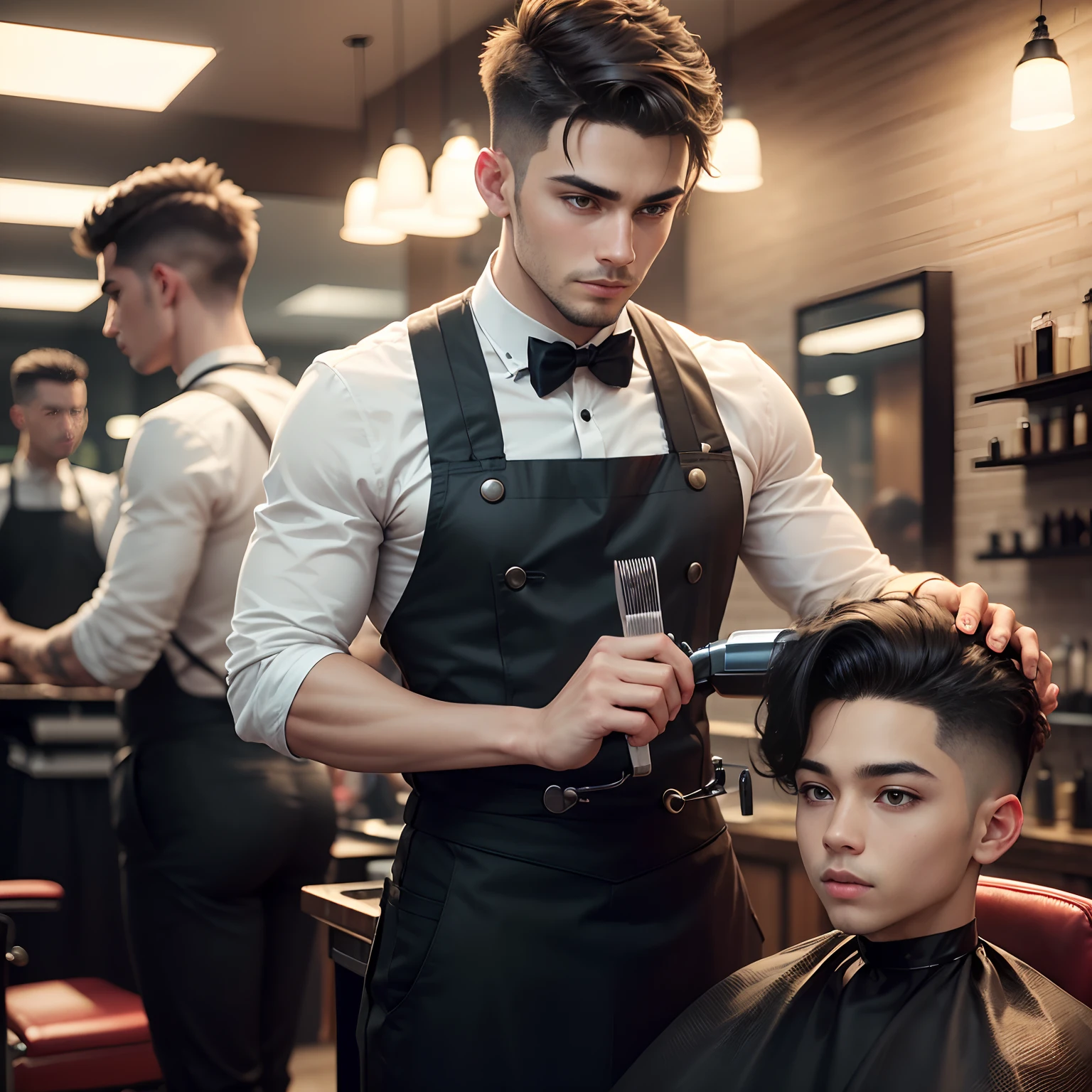 (best quality,highres),1boy working on a (haircutting machine:1.1),while surrounded by customers. The scene is set in a (vividly lit barbershop:1.2) with (modern decor) and (studio lighting:1.1). The boy, with (stylish attire) and (attentive posture), exhibits (skilled hairdressing techniques). The (haircutting machine:1.1) is (ultra-detailed:1.2) with (sharp focus), showcasing its (professional craftsmanship:1.1). The customers' (facial expressions) are (relaxed and satisfied) as they receive (high-quality haircuts:1.1). The barbershop is filled with the (energetic atmosphere) of (buzzing clippers) and (conversations), creating a (realistic soundscape).