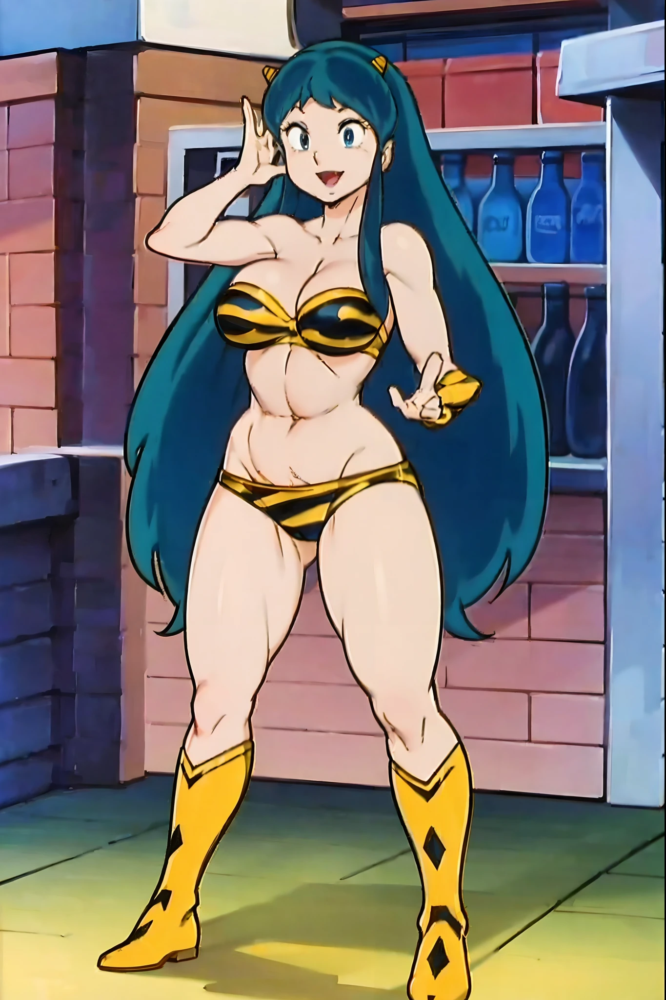 lum, superhero costume,, standing,, boots, oni, smile,, full body, sentai, bikini, horns, curvy, big breast, open mouth teeth